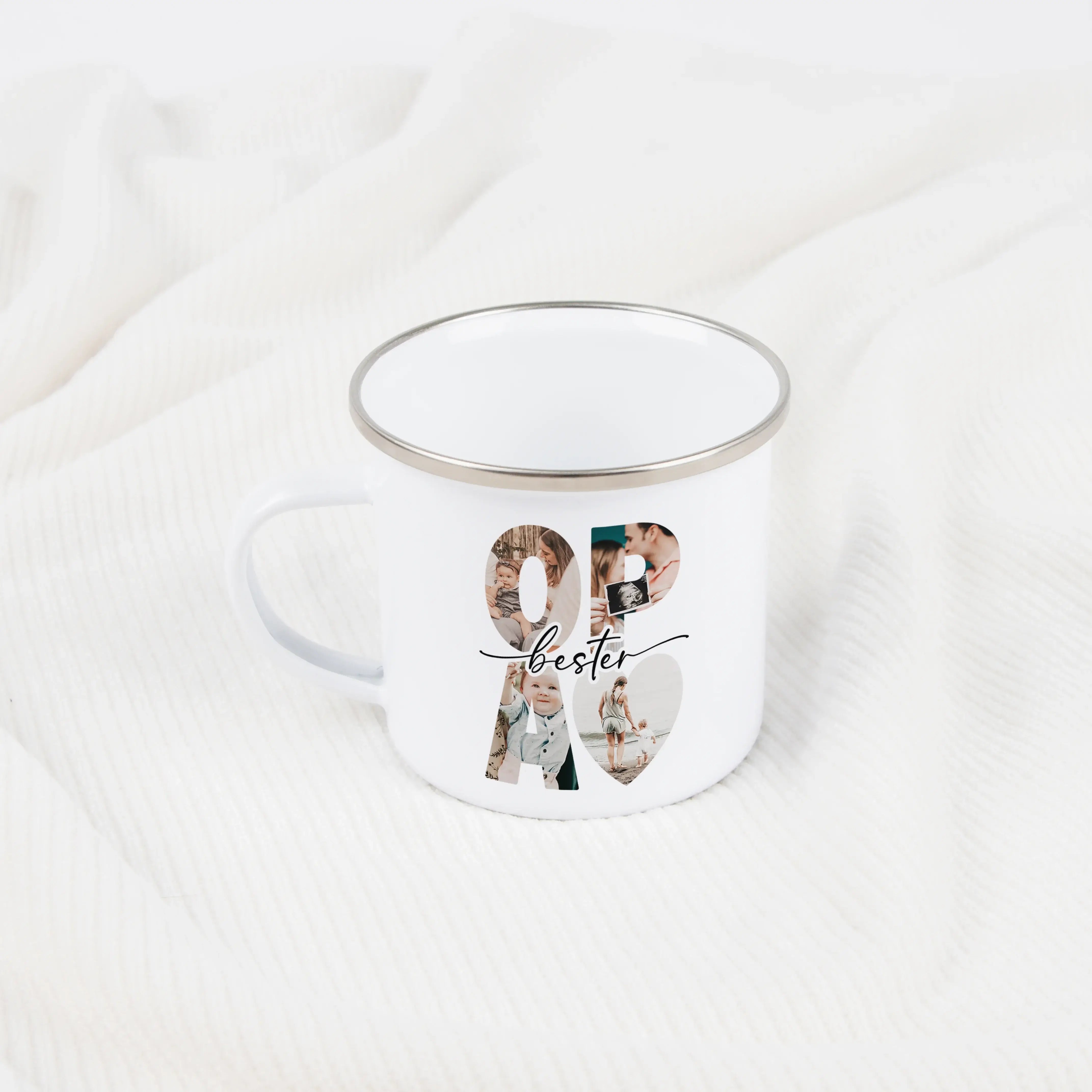 Emaille Tasse bester Opa-Emaille Tasse-famprints-Die Emaille Tasse bester Opa von famprints ist ein persönliches Geschenk, das echte Freude auslöst und täglich an gemeinsame Momente erinnert. Du gestaltest die Tasse mit Lieblingsfotos und einem eigenen Te