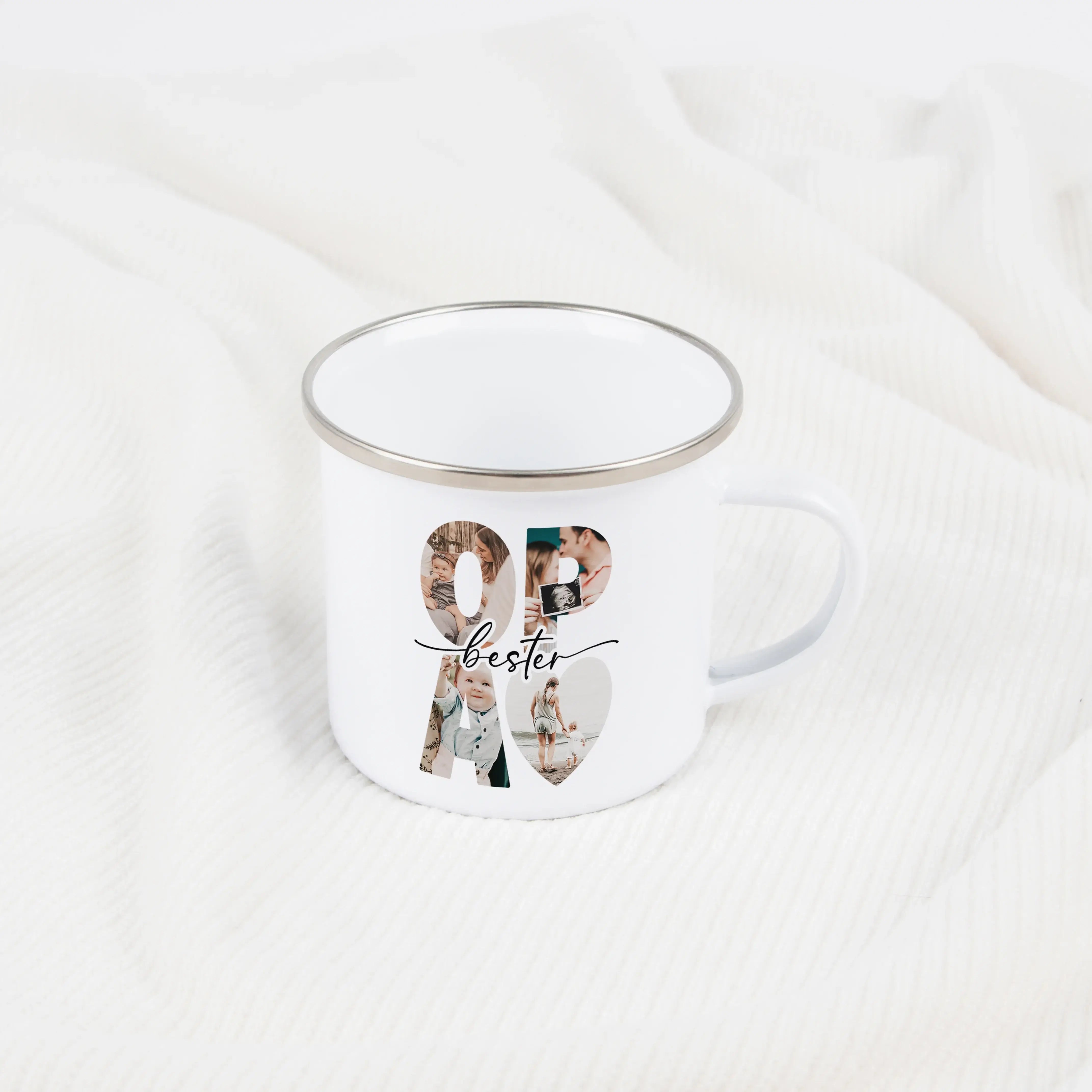 Emaille Tasse bester Opa-Emaille Tasse-famprints-Die Emaille Tasse bester Opa von famprints ist ein persönliches Geschenk, das echte Freude auslöst und täglich an gemeinsame Momente erinnert. Du gestaltest die Tasse mit Lieblingsfotos und einem eigenen Te