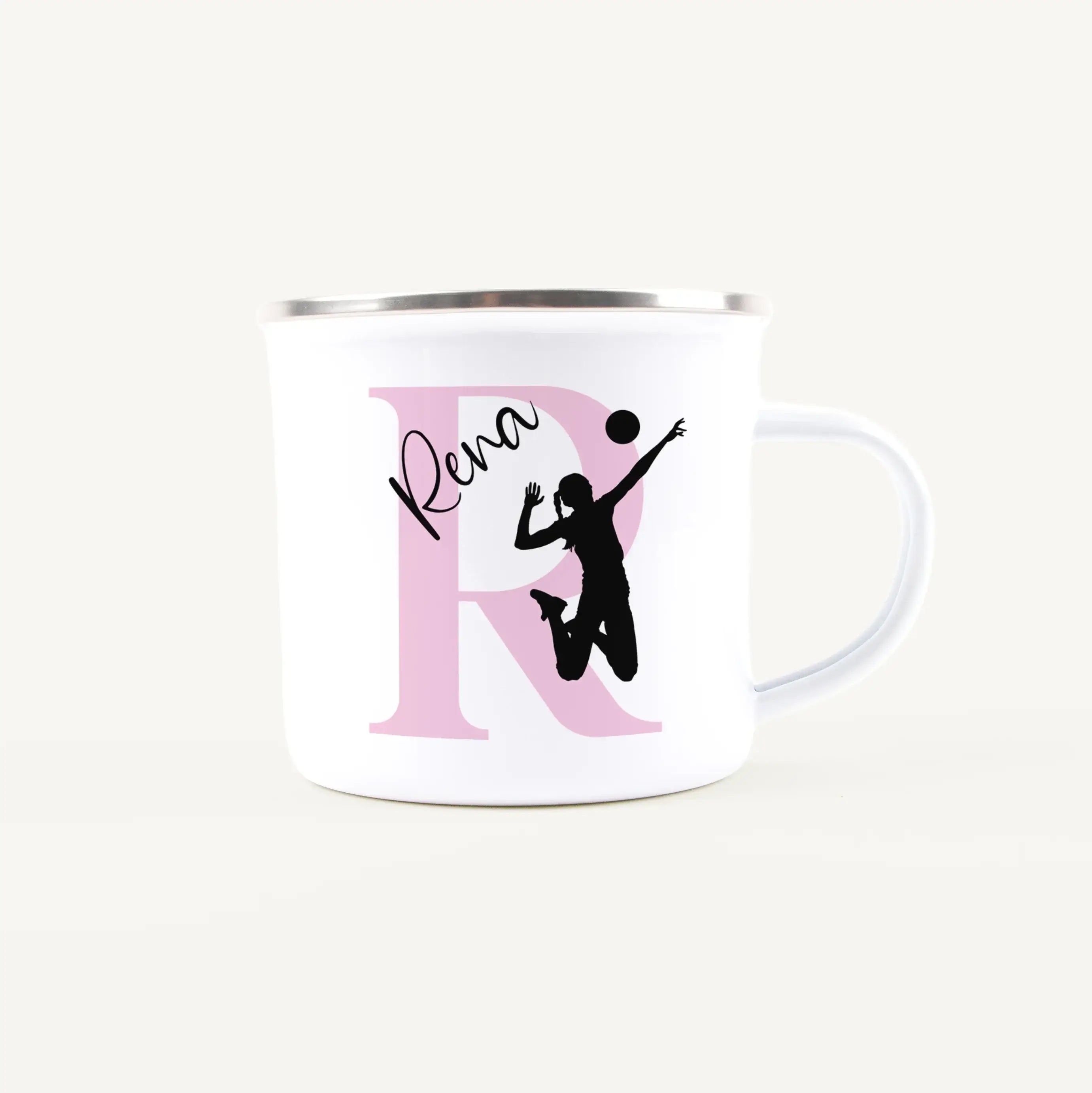 Emaille Tasse mit Namen Volleyball-Emaille Tasse-famprints-Mit der Emaille Tasse mit Namen Volleyball von famprints holst du dir ein persönliches Highlight für Pausen am Spielfeldrand oder gemütliche Momente zu Hause. Dein Wunschname kombiniert mit initia