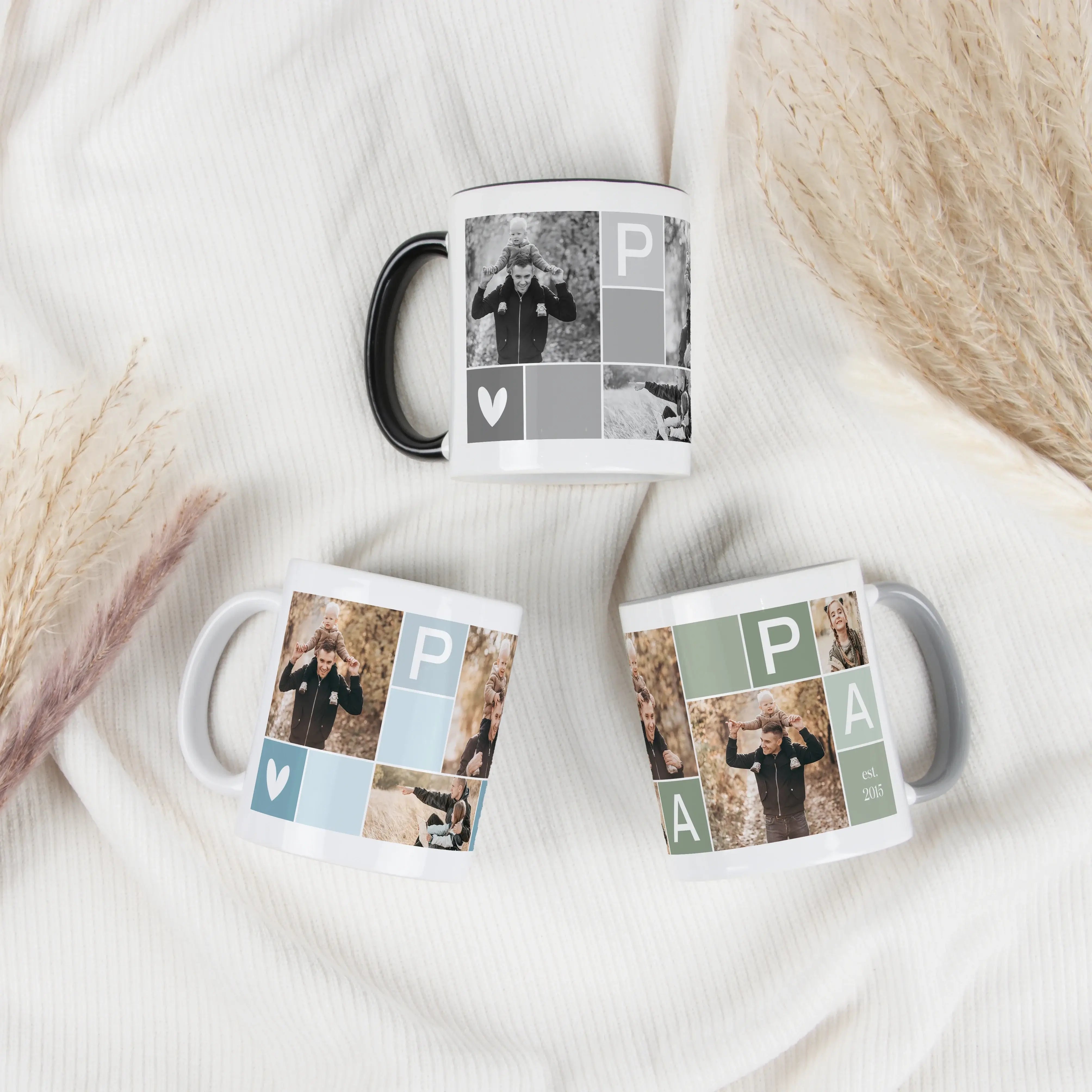 Fototasse Papa-Keramik Tasse-famprints-Die Fototasse Papa von famprints macht aus einer einfachen Tasse ein persönliches Lieblingsstück für jeden Tag. Du gestaltest deine individuelle Tasse für Papa ganz einfach selbst und kombinierst fünf eigene Fotos mi