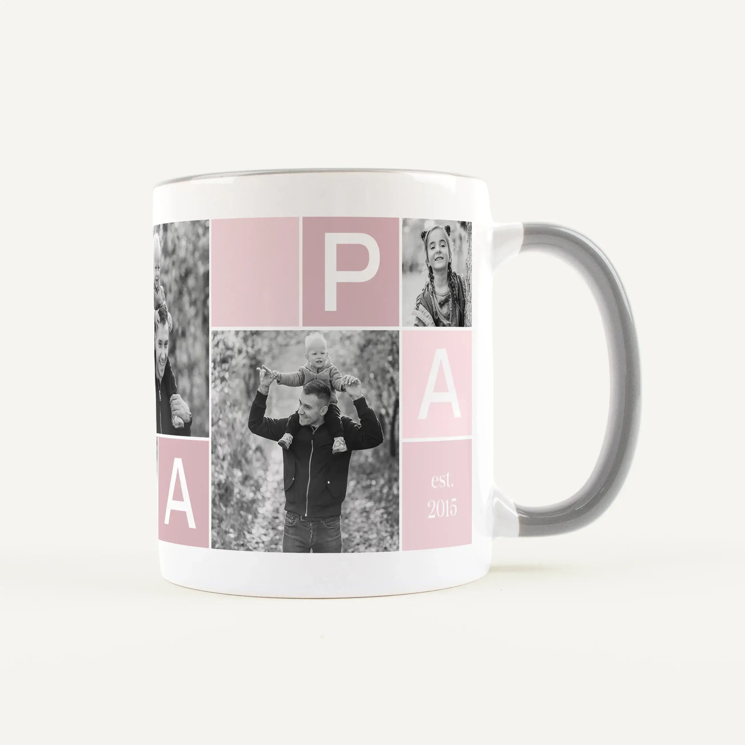 Fototasse Papa-Keramik Tasse-famprints-Die Fototasse Papa von famprints macht aus einer einfachen Tasse ein persönliches Lieblingsstück für jeden Tag. Du gestaltest deine individuelle Tasse für Papa ganz einfach selbst und kombinierst fünf eigene Fotos mi