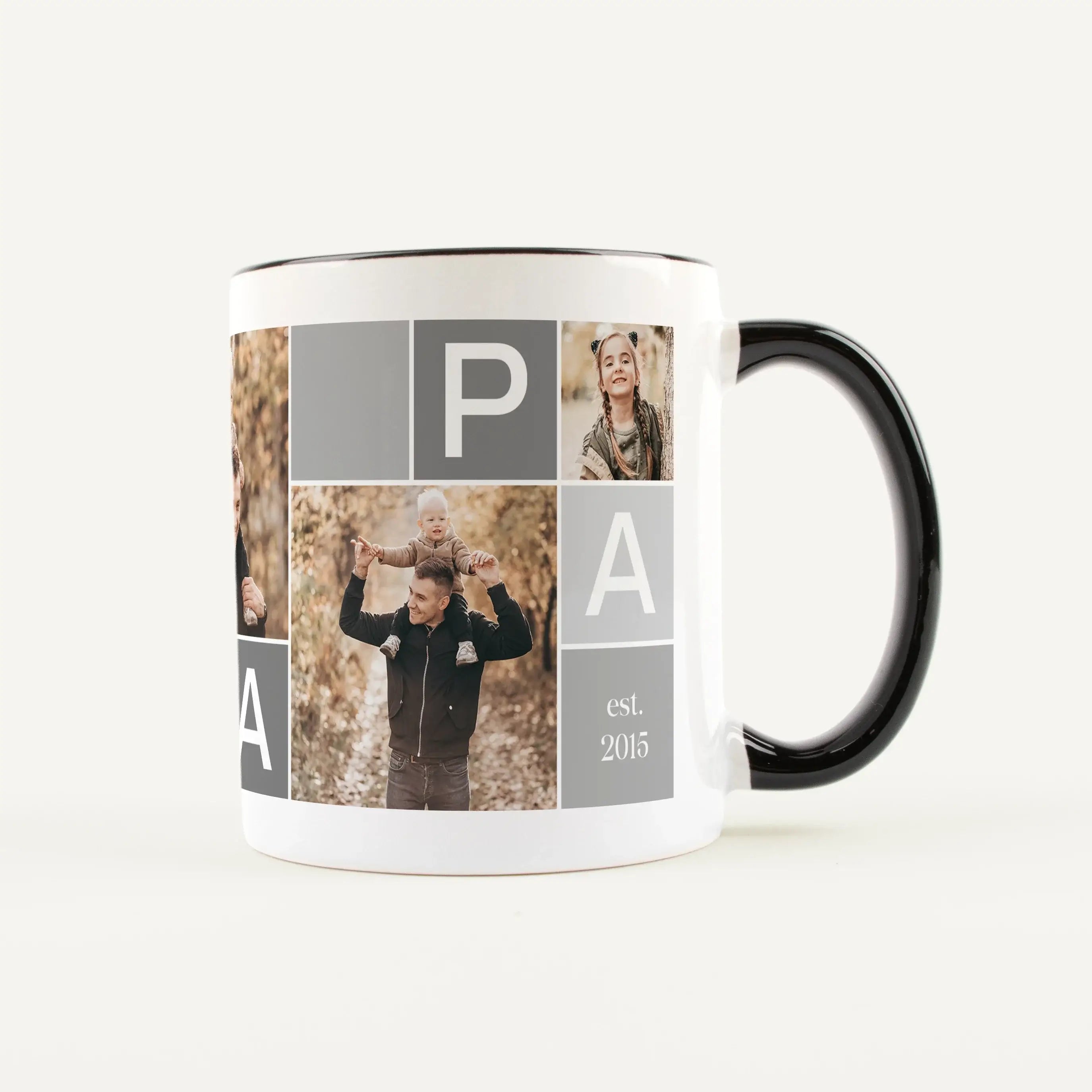 Fototasse Papa-Keramik Tasse-famprints-Die Fototasse Papa von famprints macht aus einer einfachen Tasse ein persönliches Lieblingsstück für jeden Tag. Du gestaltest deine individuelle Tasse für Papa ganz einfach selbst und kombinierst fünf eigene Fotos mi