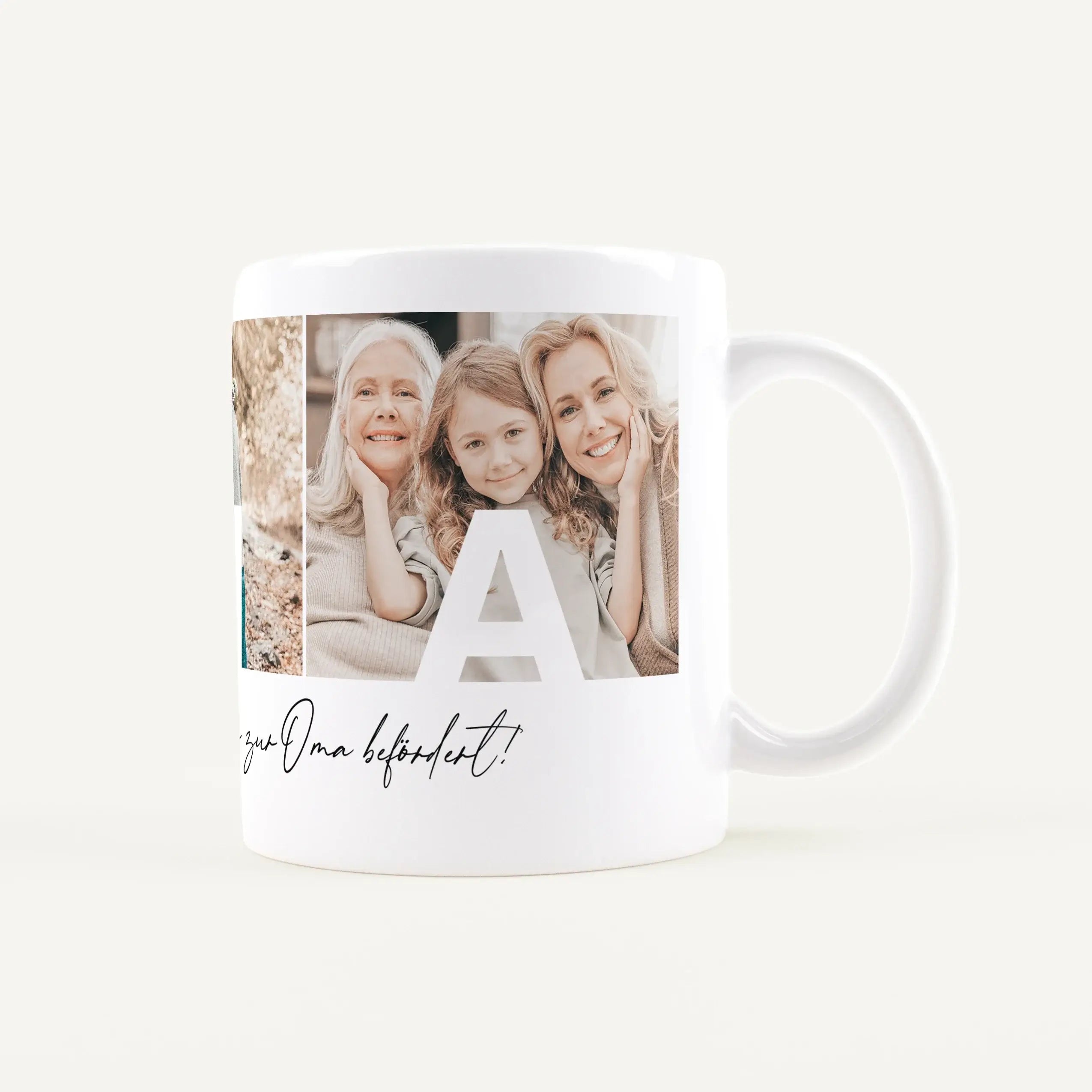 Fototasse Oma-Keramik Tasse-famprints-Die Fototasse Oma ist eine persönliche Geschenkidee für einen Menschen, der im Alltag einen besonderen Platz hat. Mit drei eigenen Fotos wird aus einer einfachen Kaffeetasse ein individuelles Erinnerungsstück. Jedes B