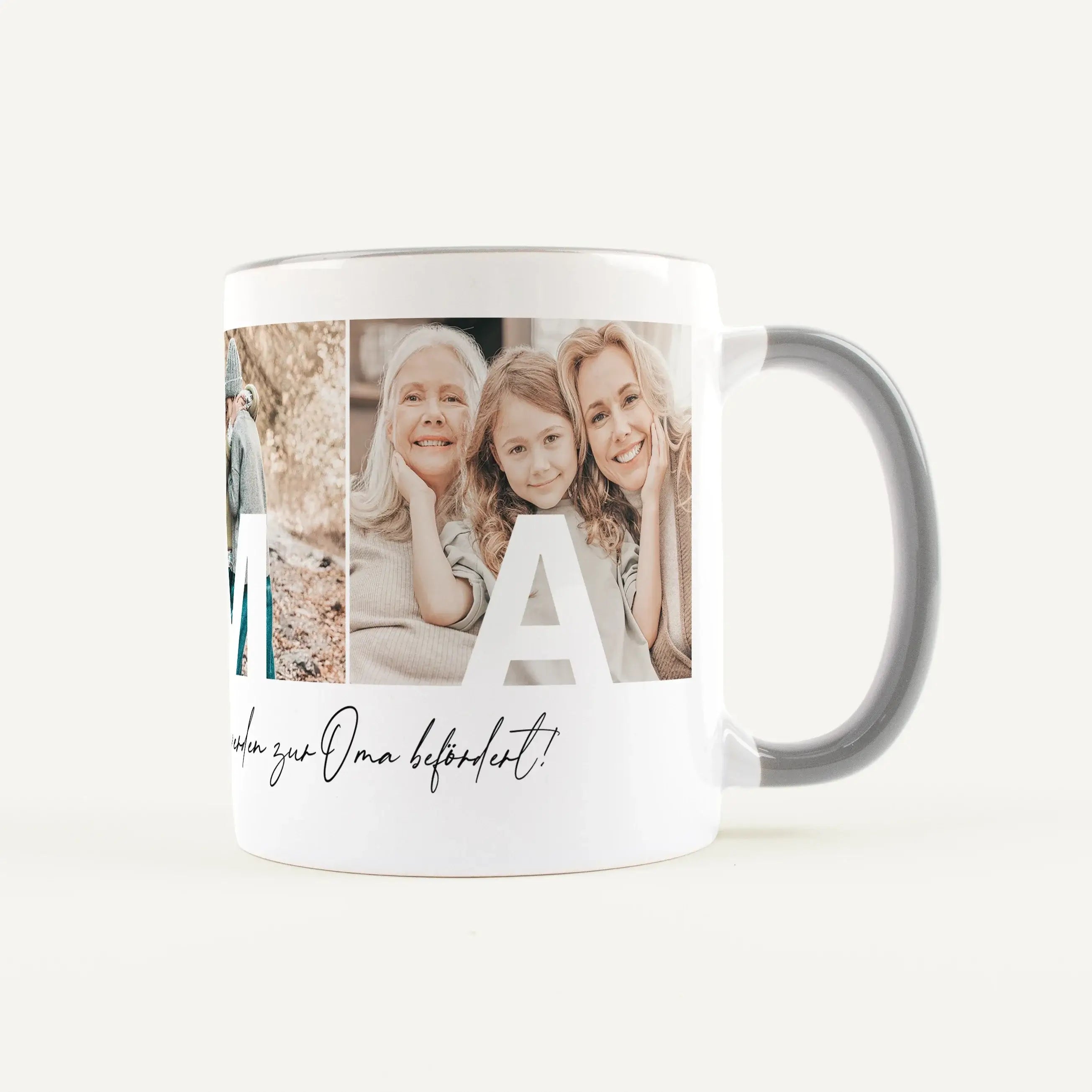 Fototasse Oma-Keramik Tasse-famprints-Die Fototasse Oma ist eine persönliche Geschenkidee für einen Menschen, der im Alltag einen besonderen Platz hat. Mit drei eigenen Fotos wird aus einer einfachen Kaffeetasse ein individuelles Erinnerungsstück. Jedes B