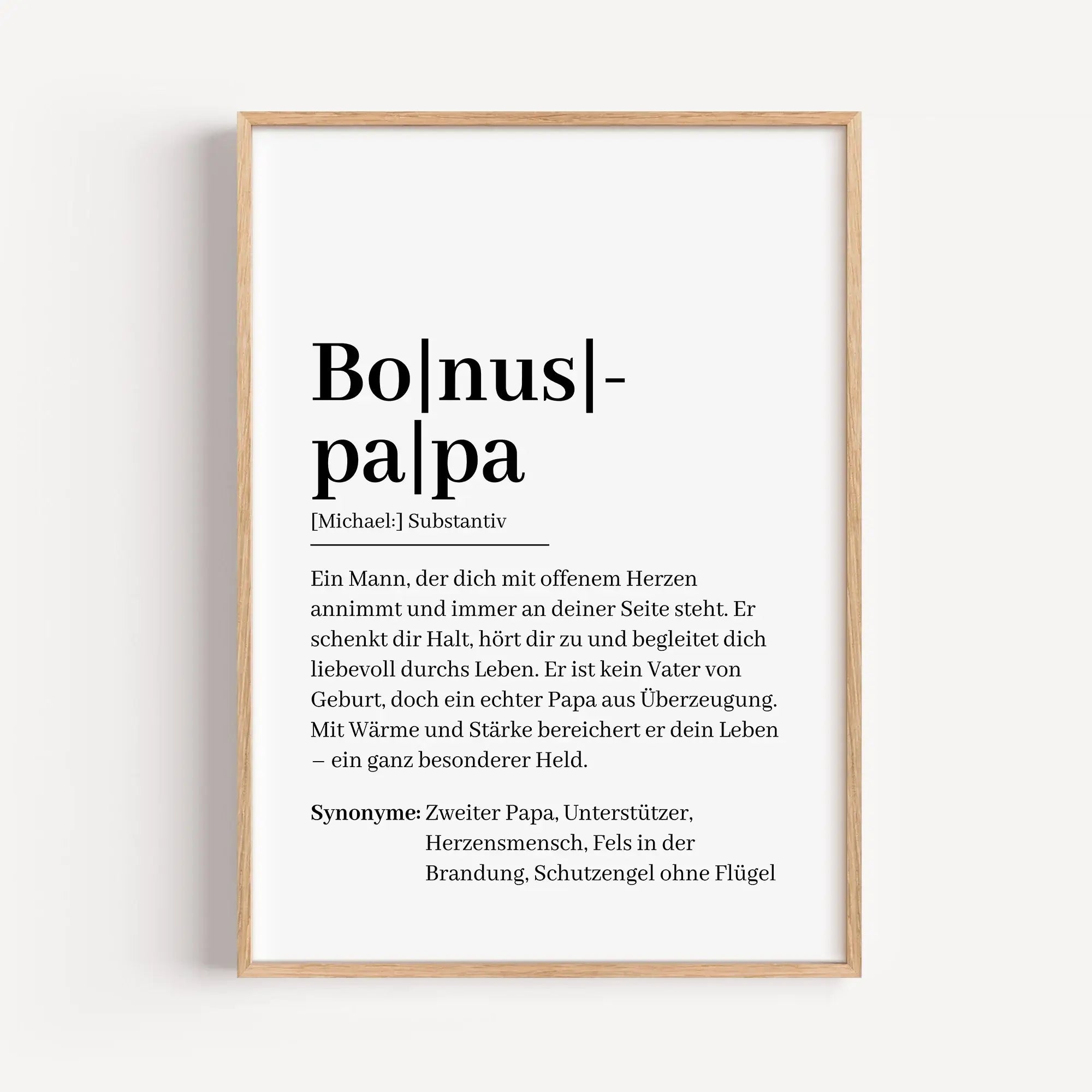 Bonuspapa Definition Poster-famprints-Personalisiertes Poster-Suchst du ein besonderes Geschenk für deinen Bonuspapa? Unser Bonuspapa Definition Poster zeigt auf liebevolle und wertschätzende Weise, was einen Bonuspapa ausmacht. Du kannst das Poster indiv