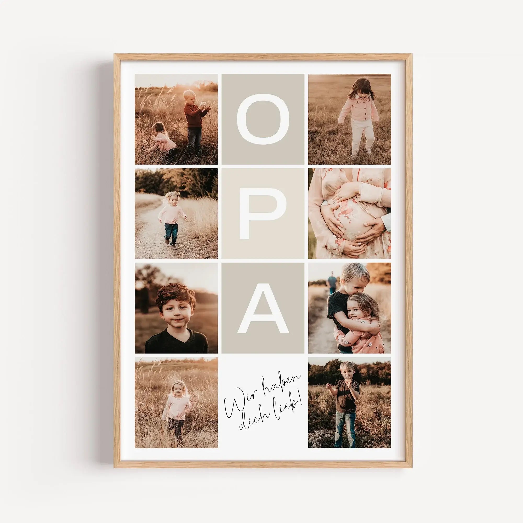 Fotocollage Opa Poster-famprints-Personalisiertes Poster-Auf der Fotocollage Opa findest du mittig, vertikal das Wort Opa, jeweils ein Buchstabe in einem farblichen Quadrat und darunter den personalisierbaren Schriftzug 'Wir haben dich lieb!'. Gesamt kann