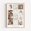 Fotocollage Papa Poster-Personalisiertes Poster-famprints-Mit dem Fotocollage Papa Poster gestaltest du ein persönliches Geschenk, das eure gemeinsamen Momente sichtbar macht. Im Mittelpunkt steht das Wort Papa, modern angeordnet und ergänzt durch deine L