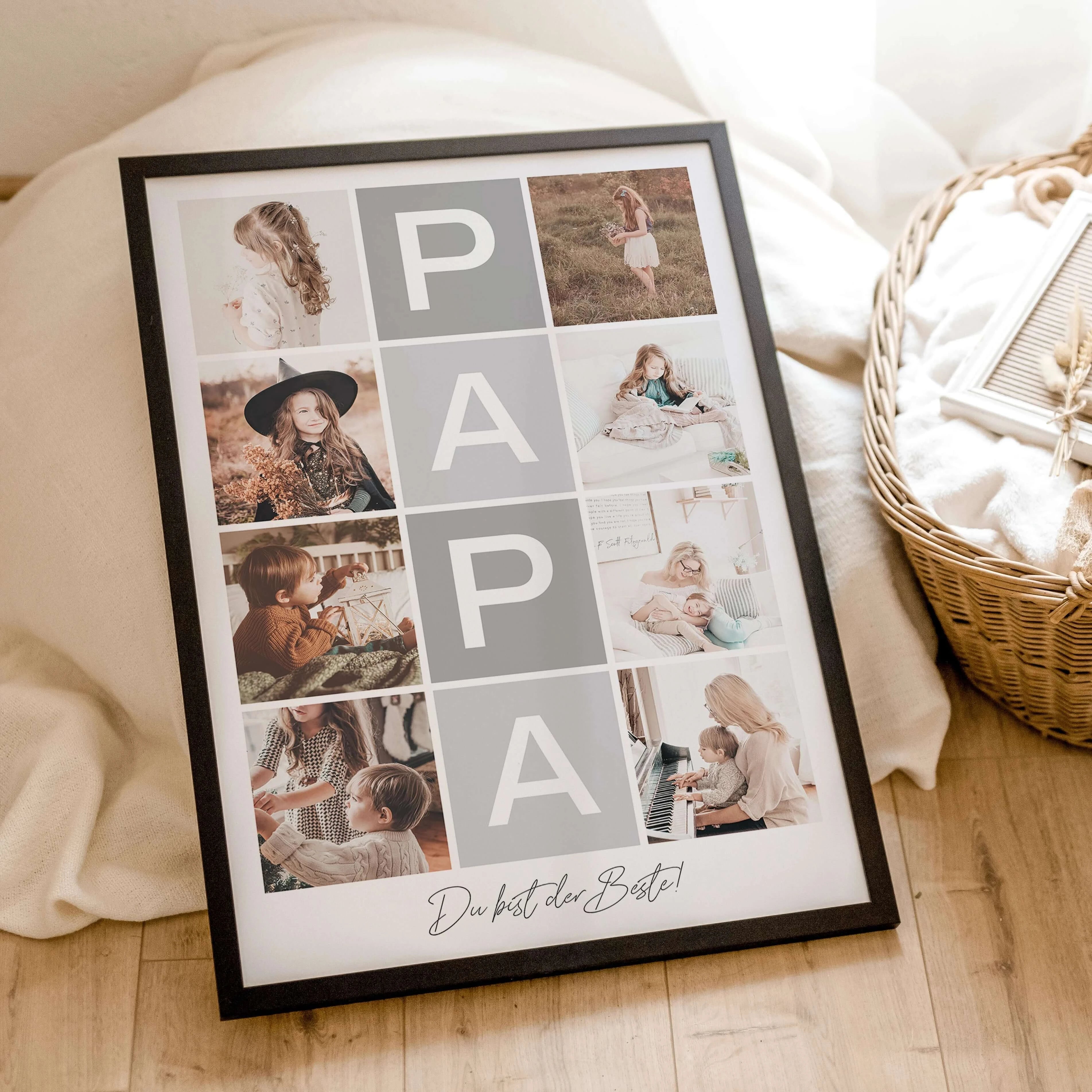 Fotocollage Papa Poster-famprints-Personalisiertes Poster-Auf der Fotocollage Papa findest du mittig, vertikal das Wort Papa, jeweils ein Buchstabe in einem farblichen Quadrat und darunter den personalisierbaren Schriftzug 'Du bist der Beste!'. Gesamt kan
