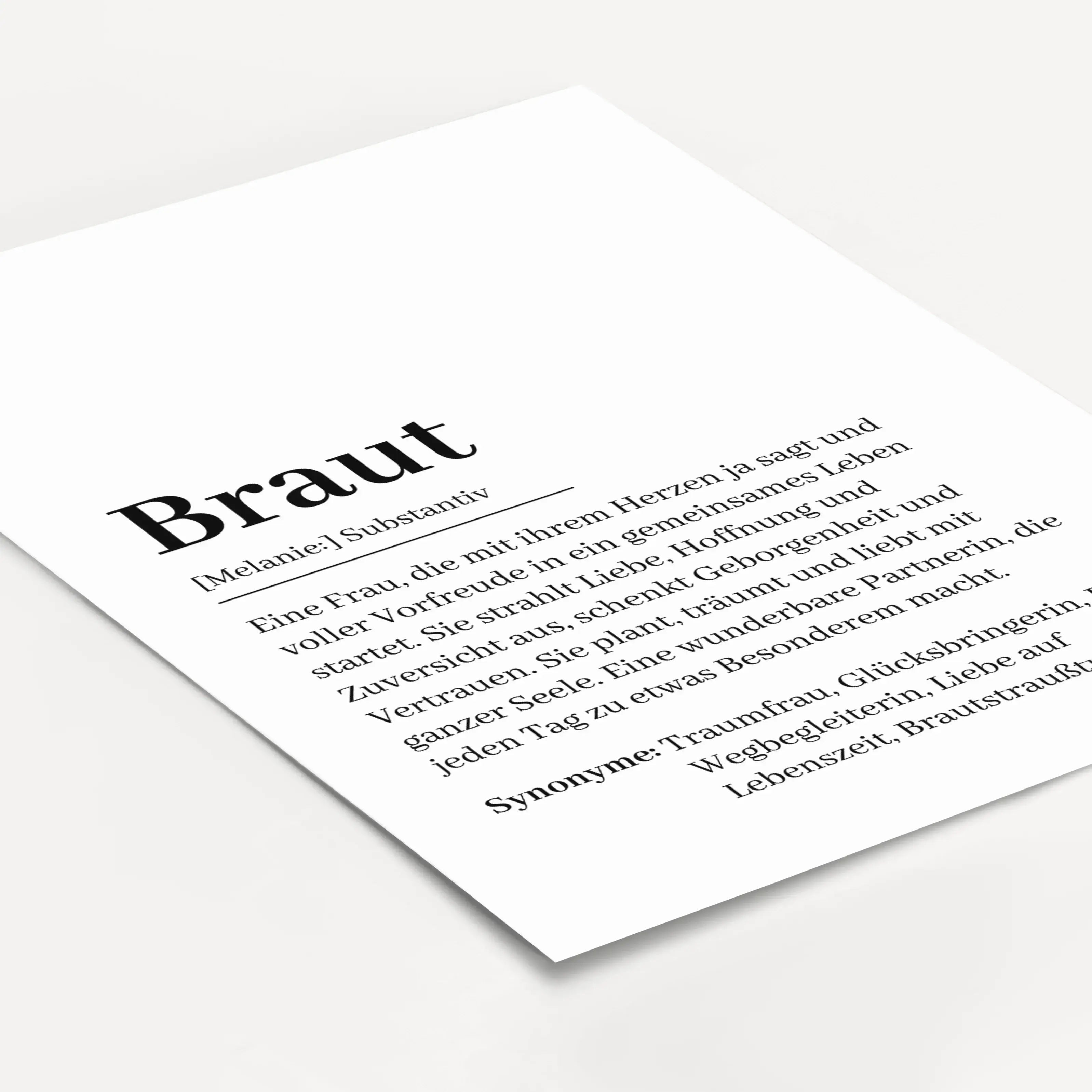 Braut Definition Poster-Personalisiertes Poster-famprints-Das Braut Definition Poster ist ein liebevolles Geschenk für einen ganz besonderen Moment im Leben. Es verbindet modernes Design mit einer emotionalen Bedeutung und erklärt auf stilvolle Weise, was