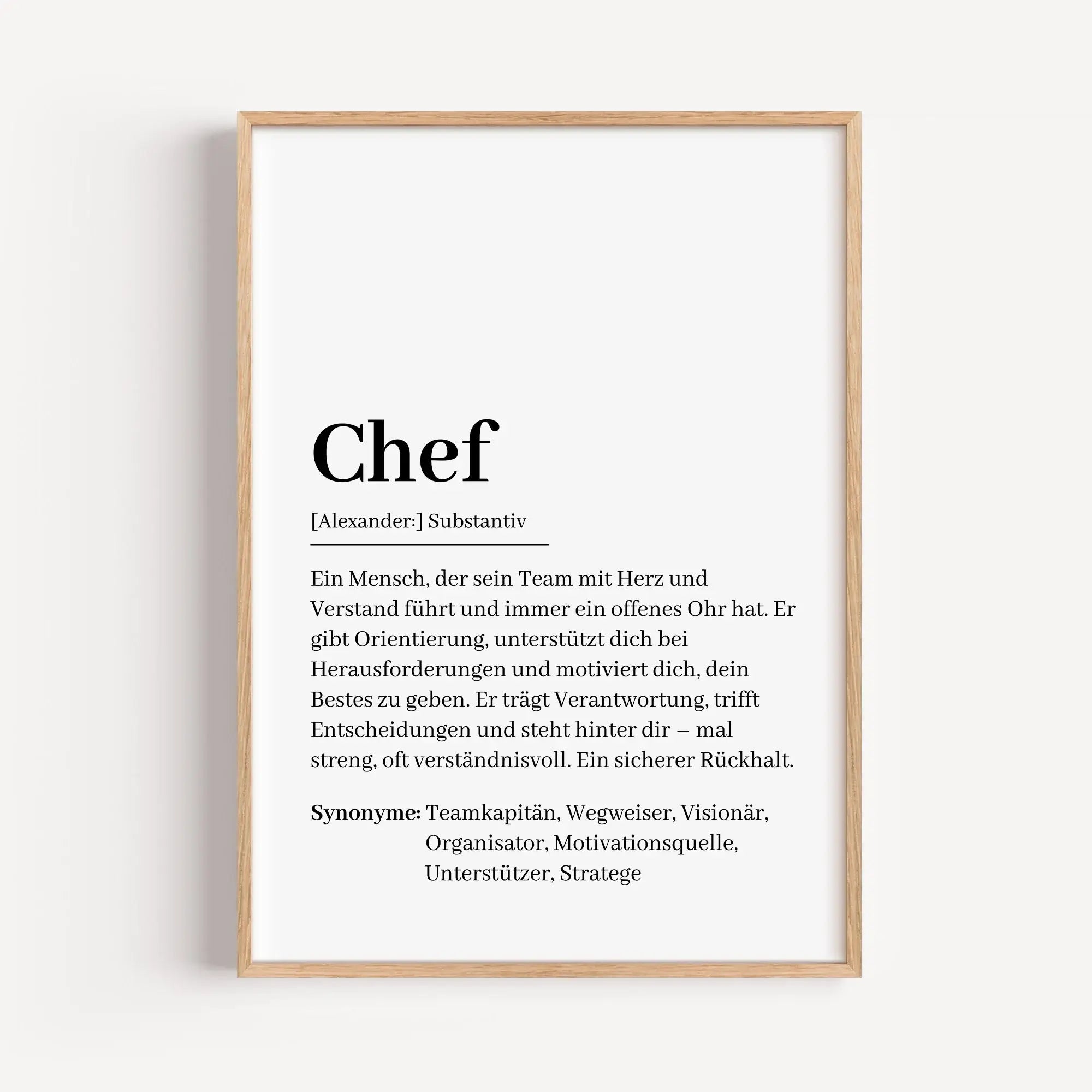 Chef Definition Poster-Personalisiertes Poster-famprints-Suchst du ein besonderes Geschenk für deinen Chef? Unser Chef Definition Poster ist die perfekte Wahl! Dieses liebevoll gestaltete Poster zeigt auf humorvolle und wertschätzende Weise, wie ein echte