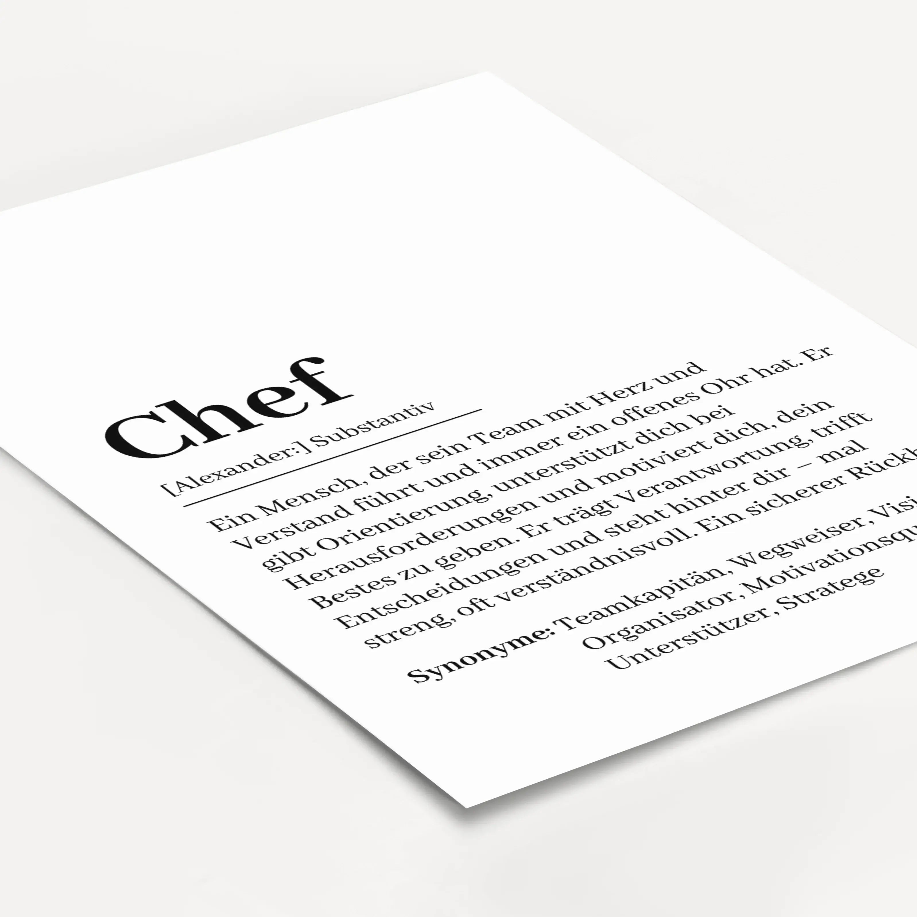 Chef Definition Poster-Personalisiertes Poster-famprints-Suchst du ein besonderes Geschenk für deinen Chef? Unser Chef Definition Poster ist die perfekte Wahl! Dieses liebevoll gestaltete Poster zeigt auf humorvolle und wertschätzende Weise, wie ein echte
