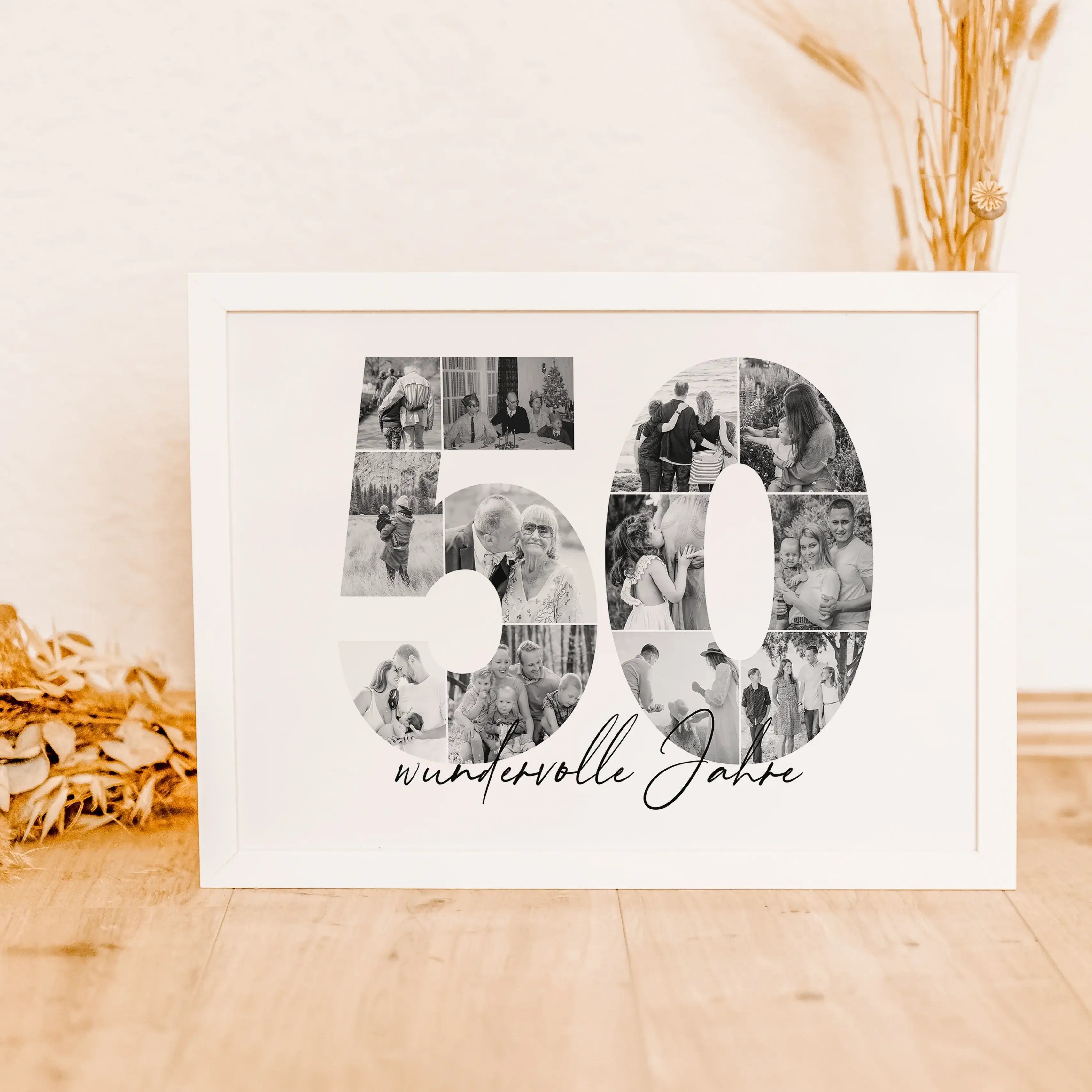 Foto Poster 50 Jahre - Personalisiertes Poster - famprints - Feiere besondere Momente mit unserem einzigartigen Foto Poster 50! Dieses hochwertige Fotoposter zeigt die Zahl 50, die du mit deinen persönlichen Fotos individuell gestalten kannst. So entsteht