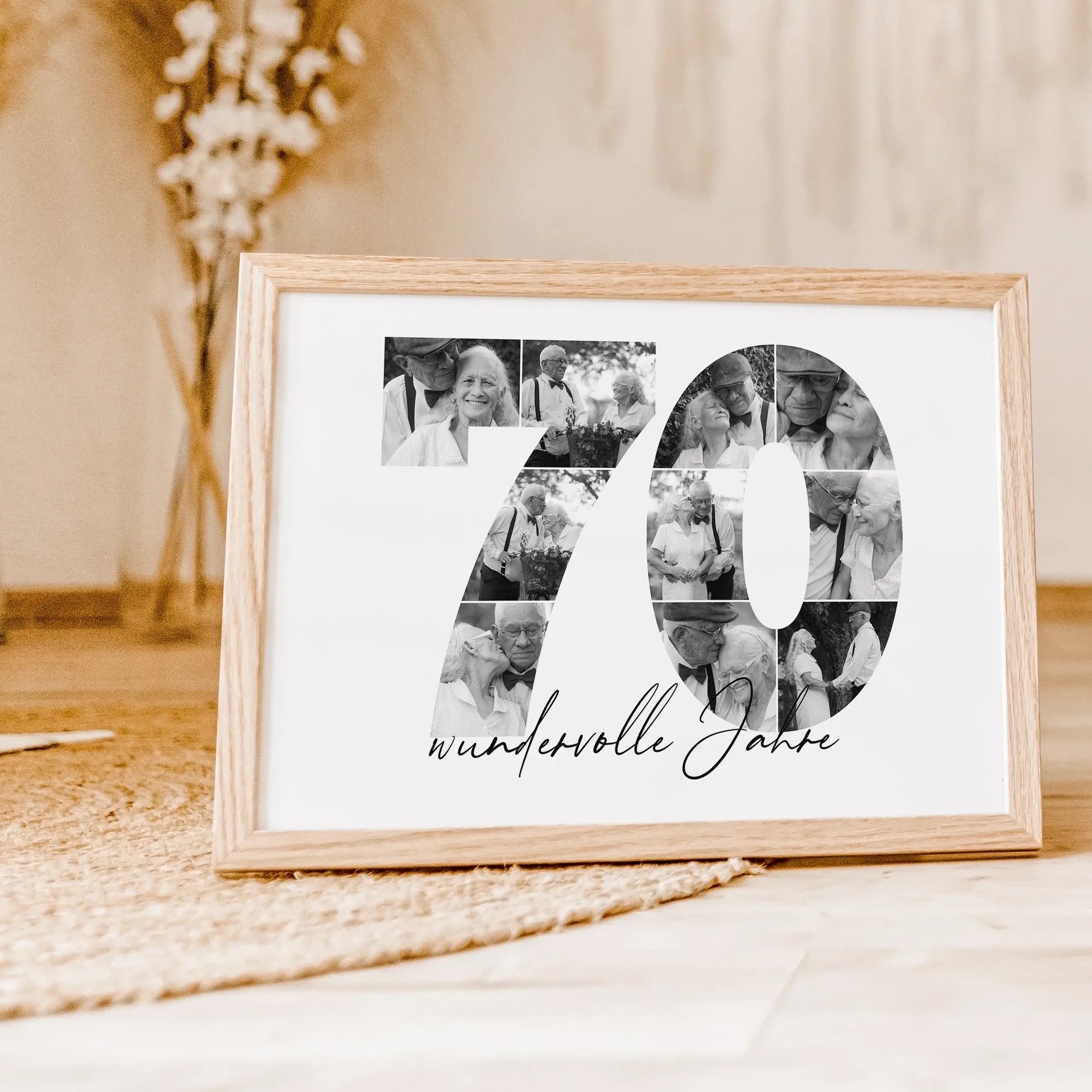 Foto Poster 70 Jahre - Personalisiertes Poster - famprints - Feiere besondere Momente mit unserem einzigartigen Foto Poster 70! Dieses personalisierte Poster zeigt die Zahl 70, hinterlegt mit deinen liebsten Fotos – so entsteht eine wunderschöne Fotocolla