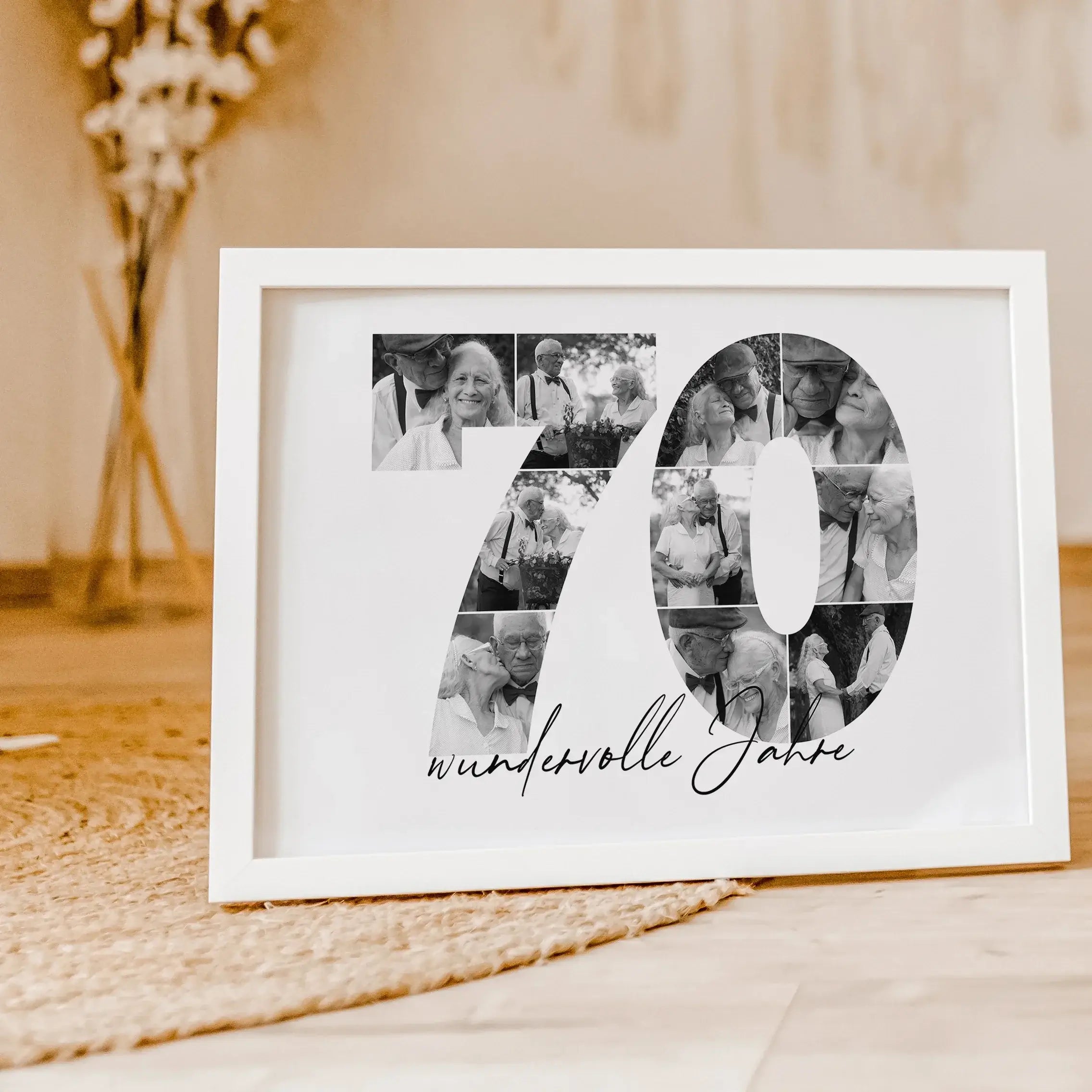 Foto Poster 70 Jahre - Personalisiertes Poster - famprints - Feiere besondere Momente mit unserem einzigartigen Foto Poster 70! Dieses personalisierte Poster zeigt die Zahl 70, hinterlegt mit deinen liebsten Fotos – so entsteht eine wunderschöne Fotocolla