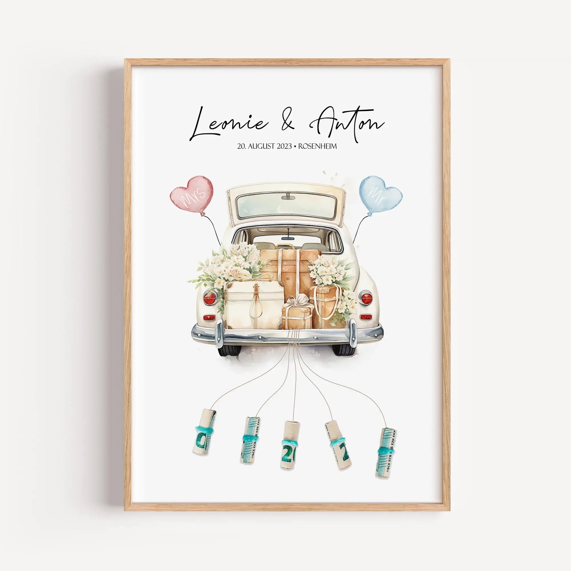 Wedding Car Poster - Personalisiertes Poster - famprints - Suchst du nach einem originellen und persönlichen Geschenk zur Hochzeit? Unser Wedding Car Poster ist die perfekte Idee, um dem Brautpaar eine besondere Freude zu machen! Das Poster zeigt ein lieb