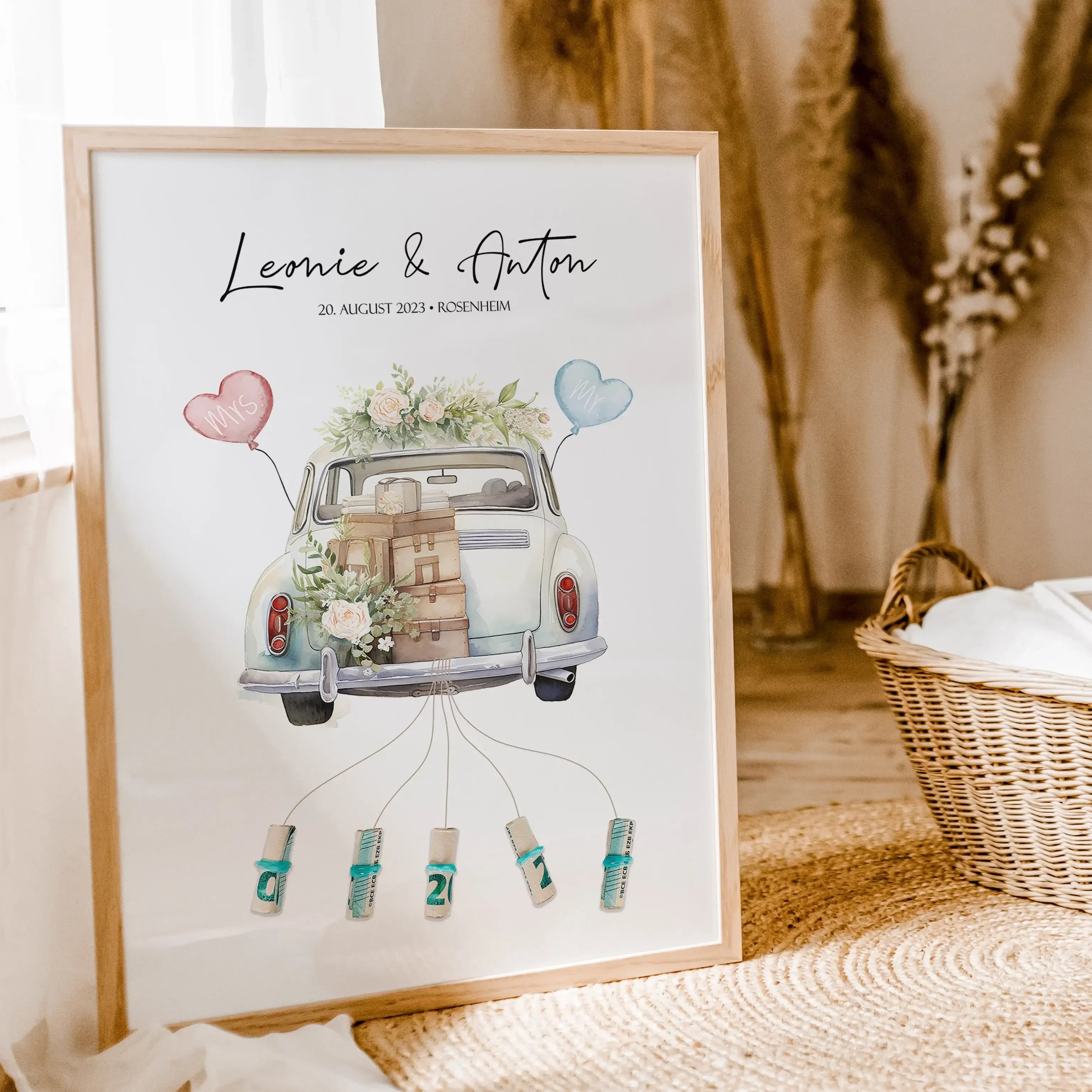 Wedding Car Poster - Personalisiertes Poster - famprints - Suchst du nach einem originellen und persönlichen Geschenk zur Hochzeit? Unser Wedding Car Poster ist die perfekte Idee, um dem Brautpaar eine besondere Freude zu machen! Das Poster zeigt ein lieb