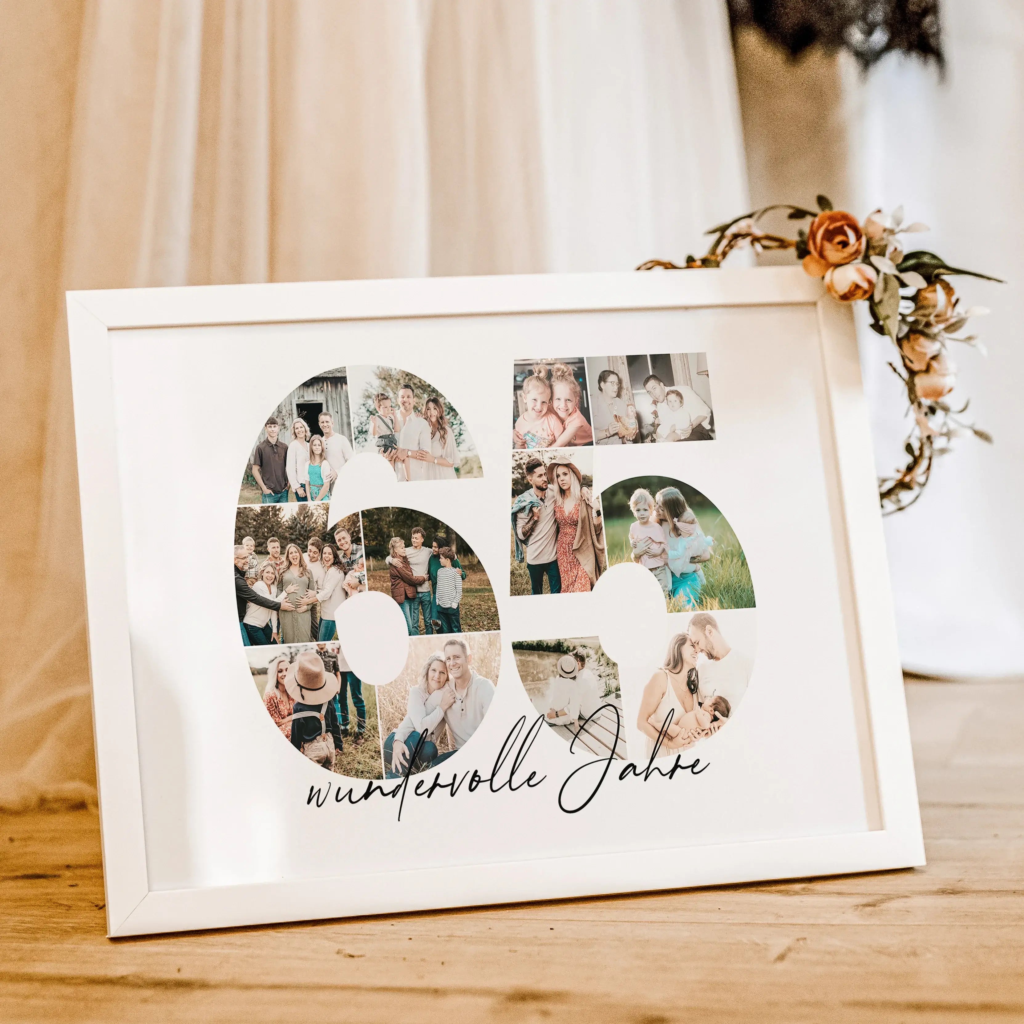 Foto Poster 65 Jahre - Personalisiertes Poster - famprints - Feiere besondere Momente mit unserem einzigartigen Foto Poster 65! Dieses personalisierte Poster zeigt die Zahl 65, hinterlegt mit deinen liebsten Fotos, die eine wunderschöne Fotocollage ergebe