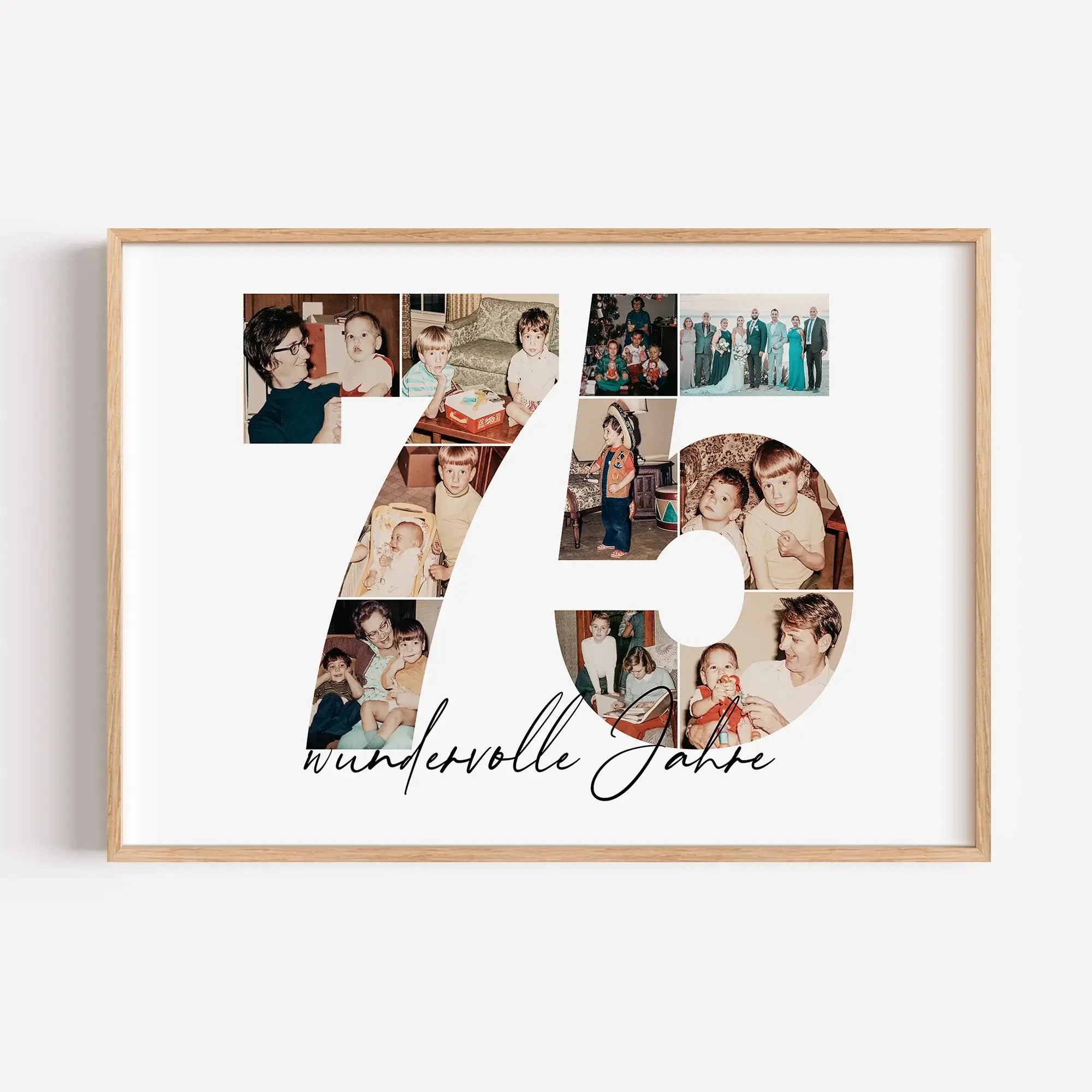 Foto Poster 75-Personalisiertes Poster-famprints-Das Foto Poster 75 ist eine persönliche Geschenkidee für besondere Anlässe wie den 75. Geburtstag, einen Hochzeitstag oder ein Jubiläum. Die große Zahl 75 wird aus deinen eigenen Fotos gestaltet und erzählt