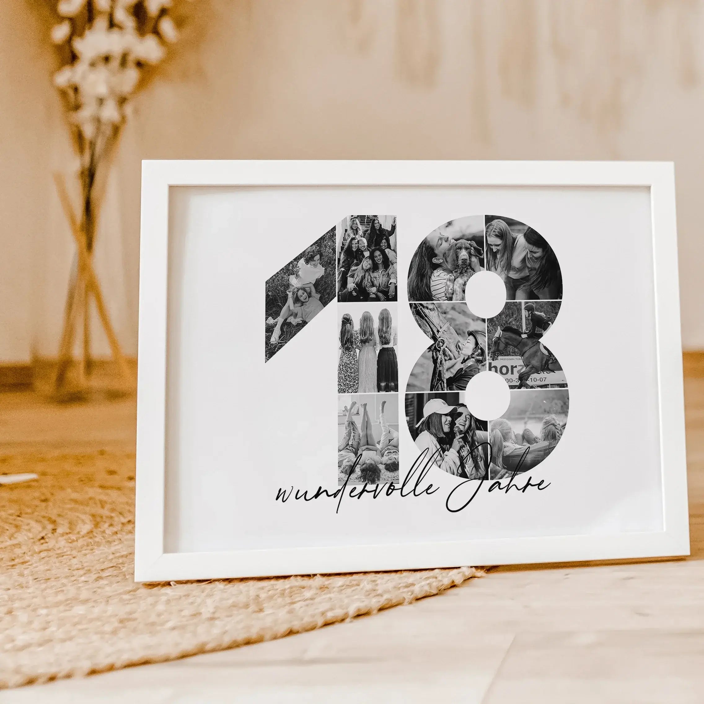 Foto Poster 18 Jahre - Personalisiertes Poster - famprints - Entdecke unser einzigartiges Foto Poster 18 – das perfekte personalisierte Geschenk für besondere Anlässe! Die große Zahl 18 wird mit deinen persönlichen Fotos zu einer beeindruckenden Fotocolla