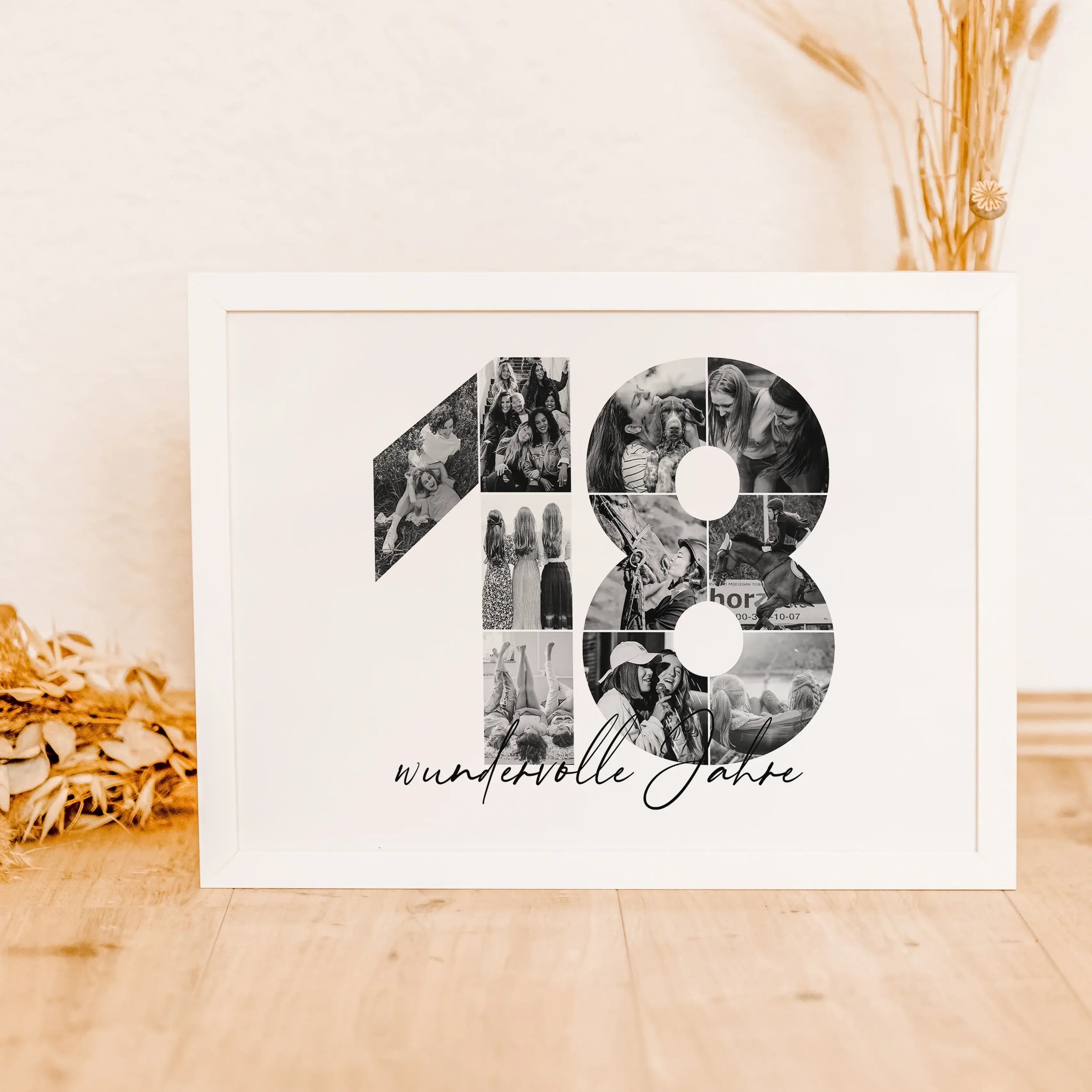 Foto Poster 18 Jahre - Personalisiertes Poster - famprints - Entdecke unser einzigartiges Foto Poster 18 – das perfekte personalisierte Geschenk für besondere Anlässe! Die große Zahl 18 wird mit deinen persönlichen Fotos zu einer beeindruckenden Fotocolla