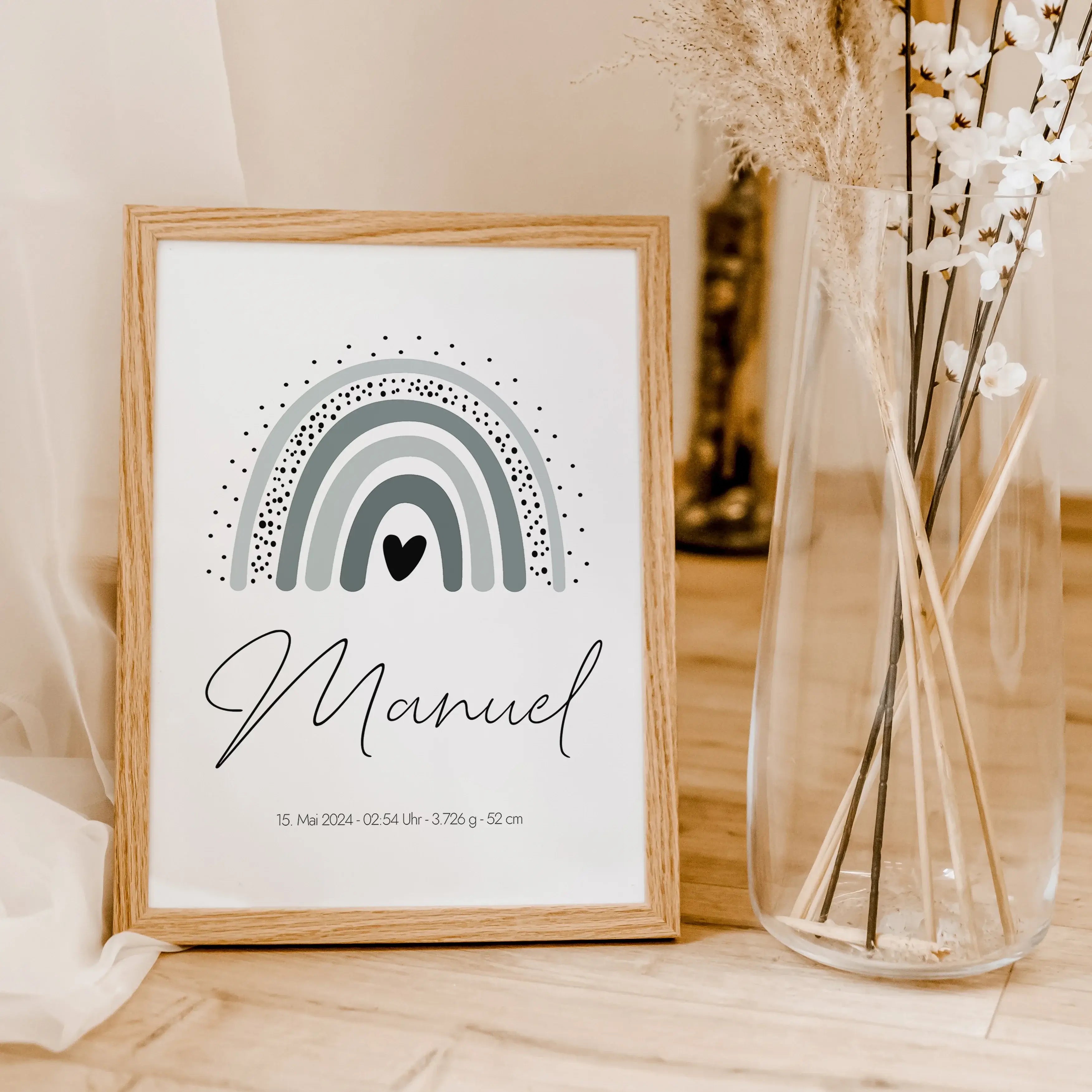 Regenbogen Poster-famprints-Personalisiertes Poster-Das wundervolle personalisierte Regenbogen Poster lässt sich mit allen relevanten Geburtsdaten personalisieren und schmückt jede Kinderzimmer Wand. Das Geburtsposter kannst du mit deinem Wunschtext perso