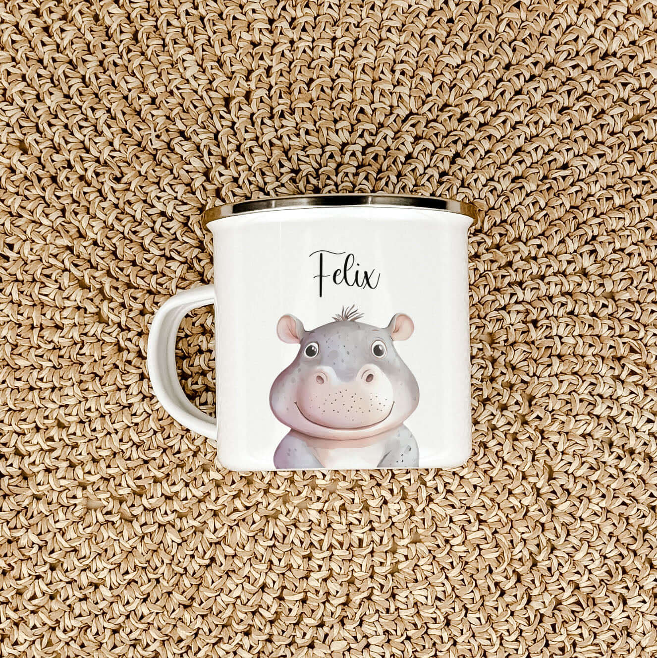 Emaille Tasse Nilpferd Portrait-famprints-Emaille Tasse-Entdecke die zauberhafte Emaille Tasse Nilpferd Portrait – ein einzigartiges, personalisiertes Geschenk für kleine Nilpferd-Fans! Diese Emaille Tasse personalisiert mit einem Namen bringt nicht nur F
