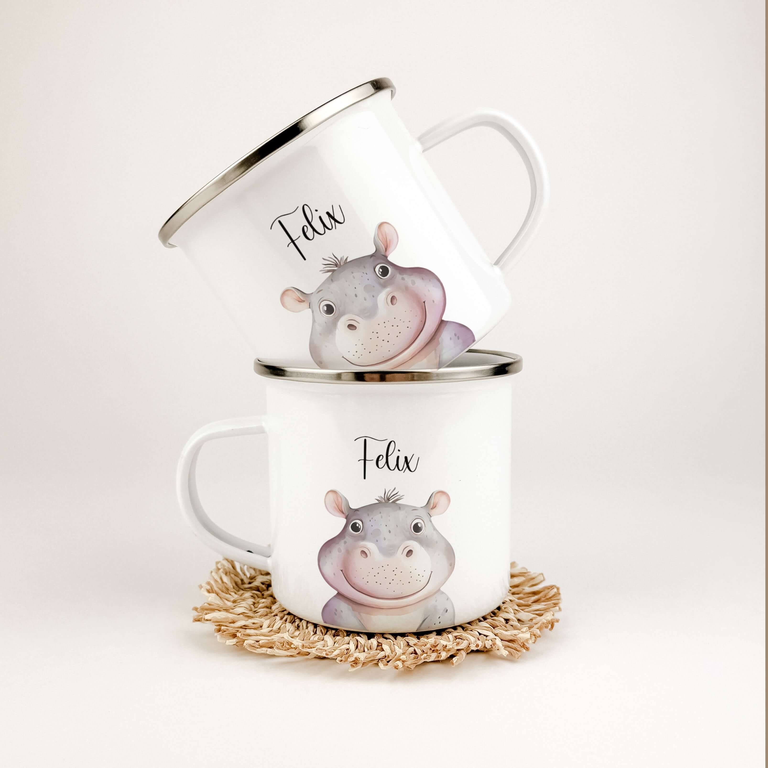 Emaille Tasse Nilpferd Portrait-famprints-Emaille Tasse-Entdecke die zauberhafte Emaille Tasse Nilpferd Portrait – ein einzigartiges, personalisiertes Geschenk für kleine Nilpferd-Fans! Diese Emaille Tasse personalisiert mit einem Namen bringt nicht nur F