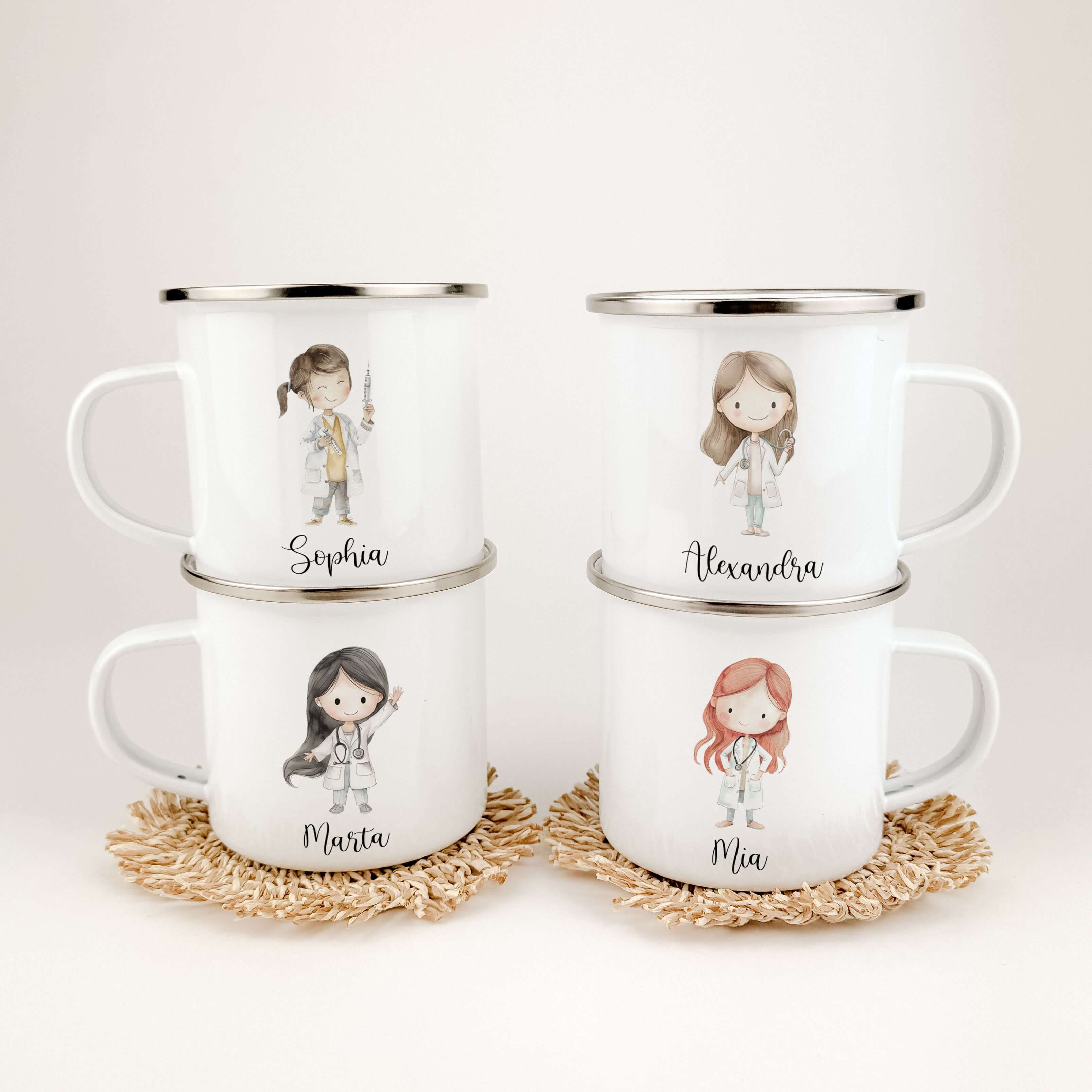Emaille Tasse Ärztin-famprints-Emaille Tasse-Entdecke die personalisierte Emaille Tasse Ärztin - ein einzigartiges Geschenk für Kinder, das mit Liebe von uns gestaltet wurde! Die Tasse ist bedruckt mit einer süßen Ärztin in Aquarell Optik und bietet einen