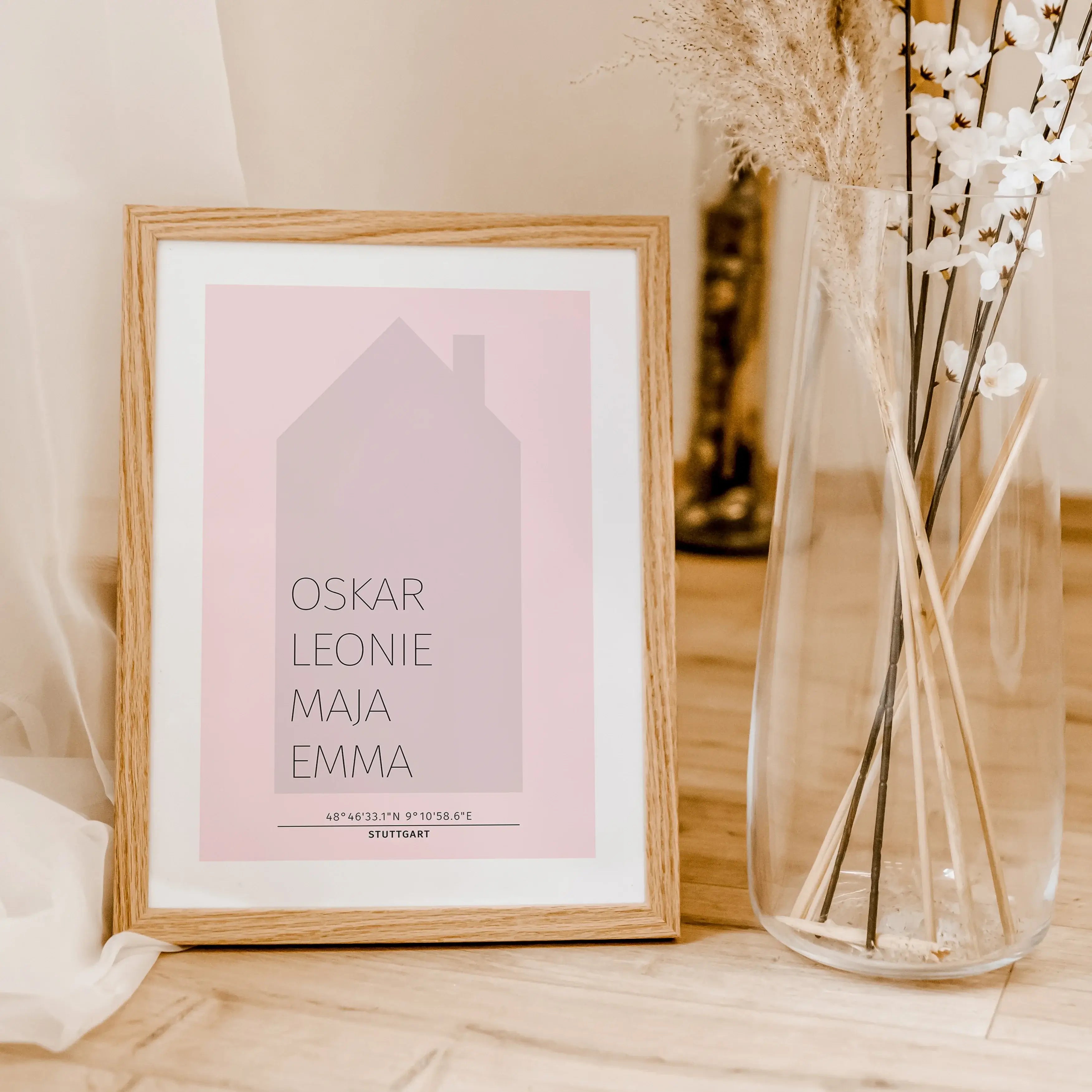 Familienposter Haus-famprints-Personalisiertes Poster-Auf dem Familienposter Haus findest du die Silhouette von einem Haus in unterschiedlichen Farben. Das Haus kann mit deinem Wunschtext personalisiert werden. In unserem Beispiel haben wir uns für die Na