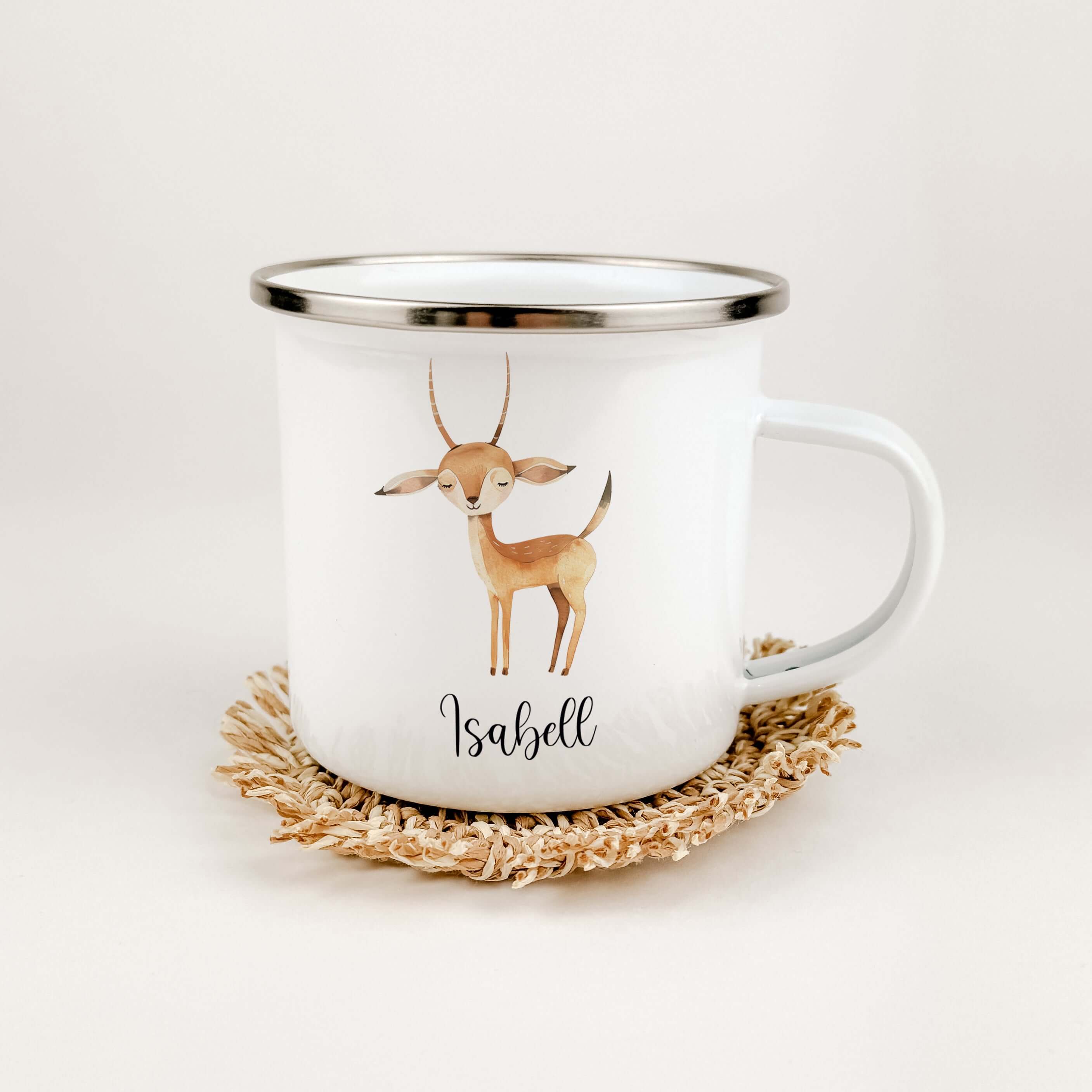 Emaille Tasse Gazelle-famprints-Emaille Tasse-Entdecke die bezaubernde Emaille Tasse Gazelle, die nicht nur praktisch, sondern auch ein wahrer Hingucker ist! Mit dieser personalisierten Tasse bringst du Freude in den Alltag deines Kindes und schaffst unve