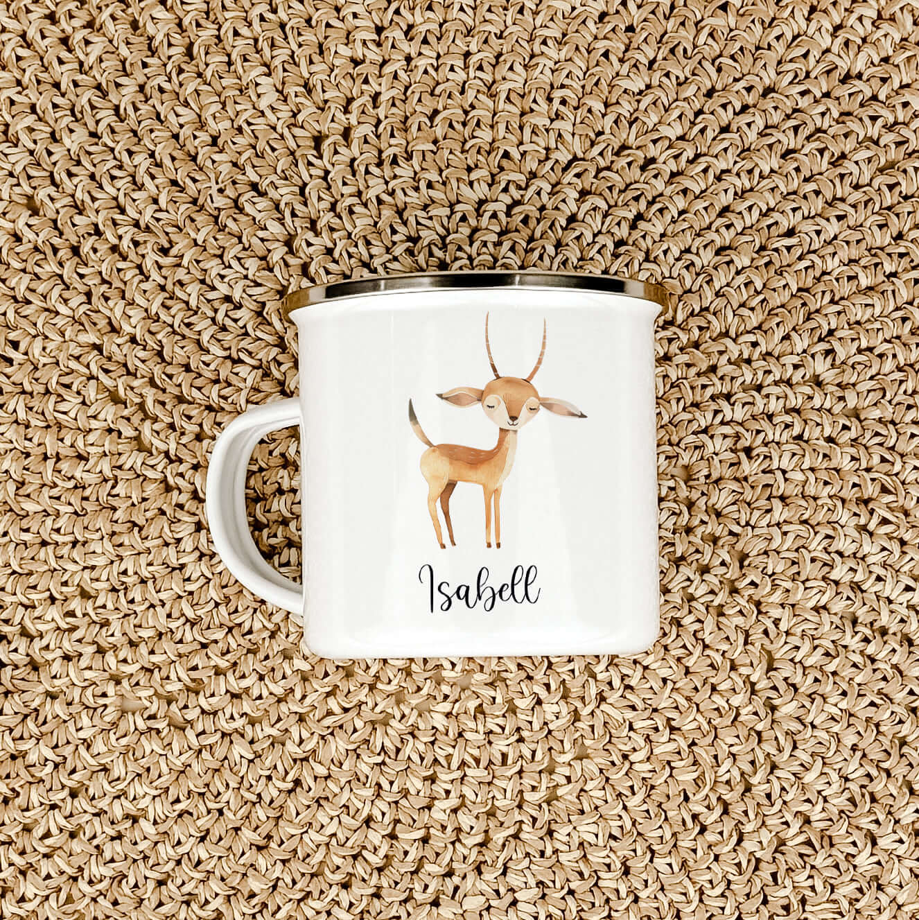 Emaille Tasse Gazelle-famprints-Emaille Tasse-Entdecke die bezaubernde Emaille Tasse Gazelle, die nicht nur praktisch, sondern auch ein wahrer Hingucker ist! Mit dieser personalisierten Tasse bringst du Freude in den Alltag deines Kindes und schaffst unve