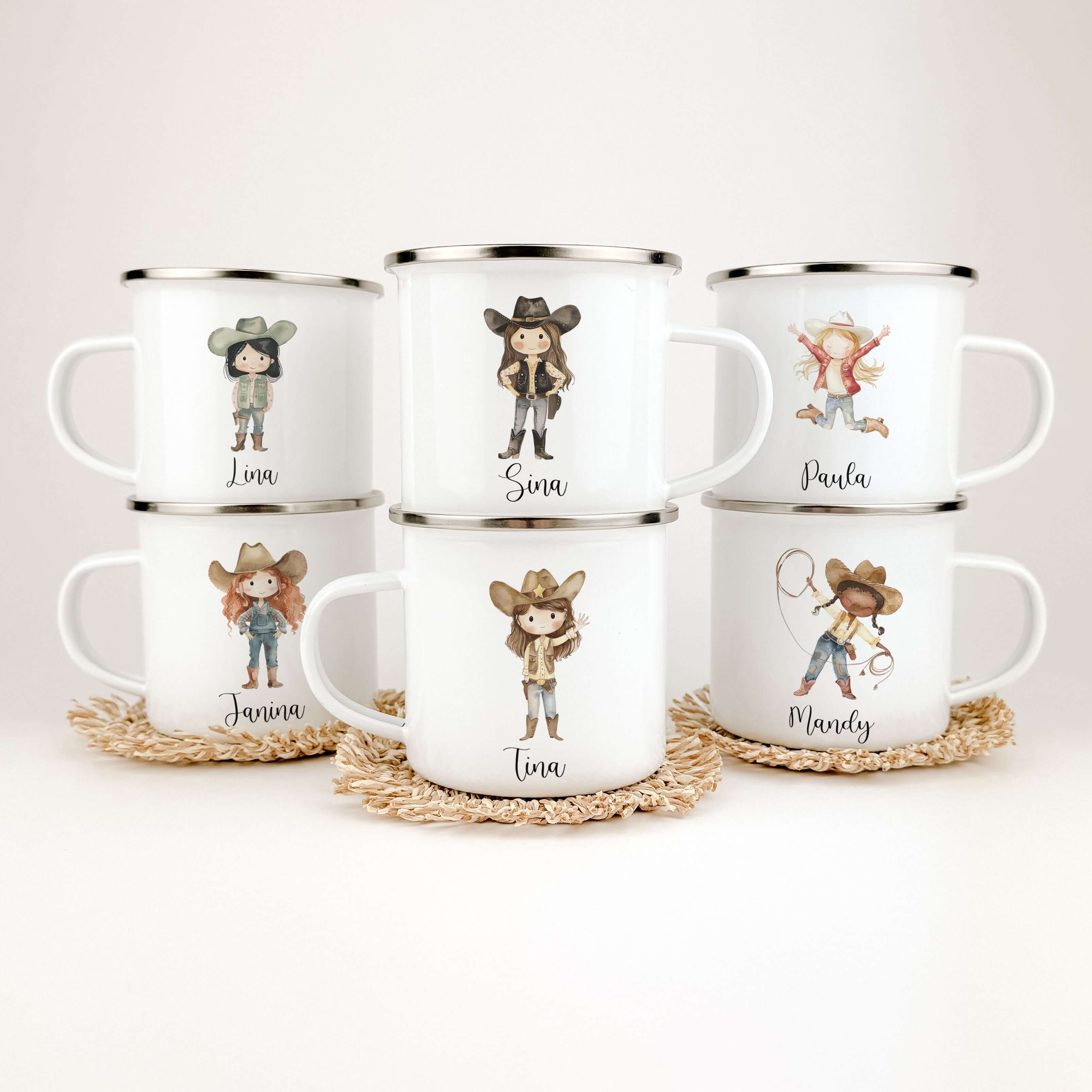 Emaille Tasse Cowgirl-famprints-Emaille Tasse-Entdecke die zauberhafte Emaille Tasse Cowgirl – ein einzigartiges Geschenk, das jedem Kinderherz Freude bereitet! Mit der Möglichkeit, die Tasse mit einem Namen zu personalisieren, wird jedes Getränk zu etwas
