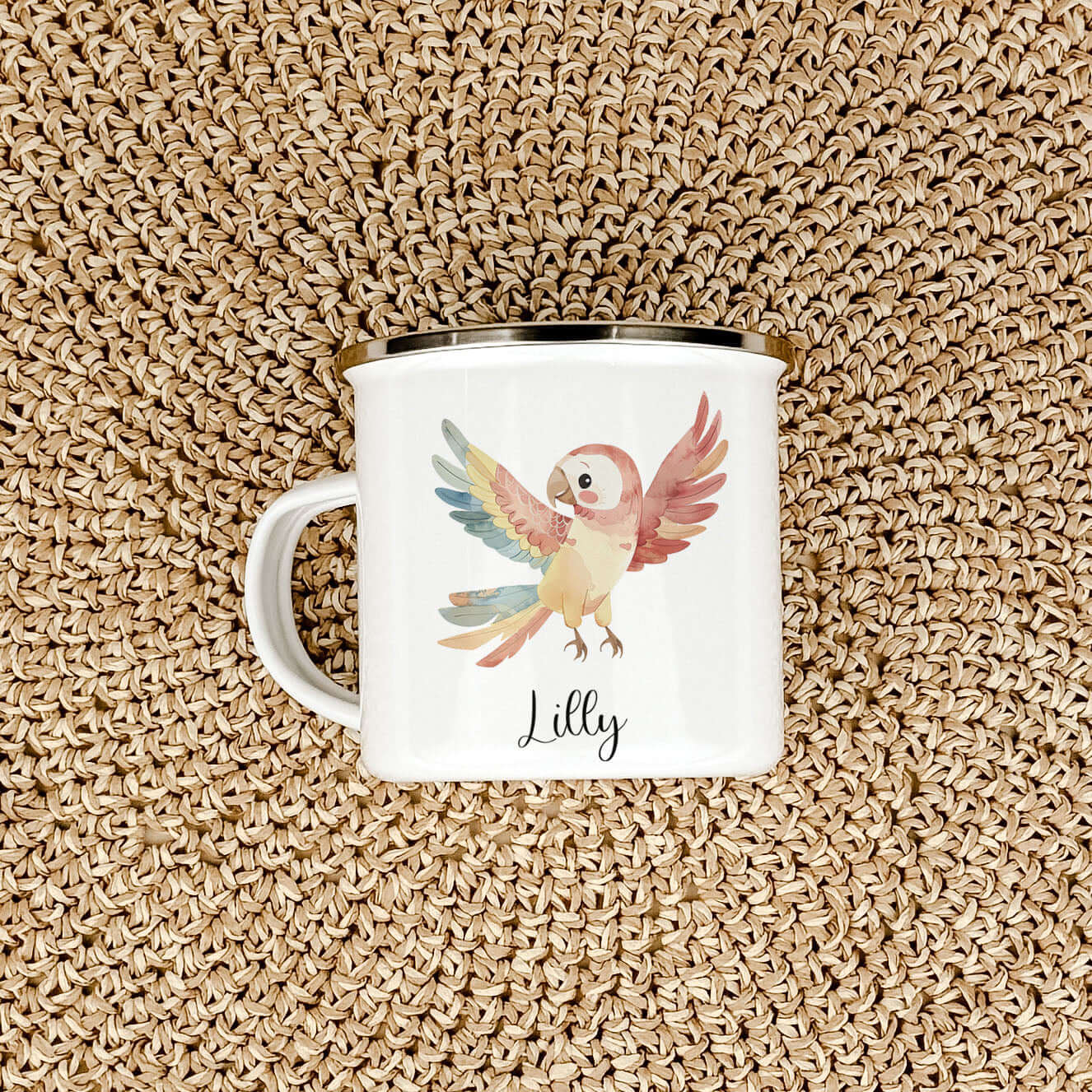 Emaille Tasse Papagei-famprints-Emaille Tasse-Entdecke die zauberhafte Emaille Tasse Papagei, die nicht nur praktisch ist, sondern auch ein echter Hingucker! Diese Emaille Tasse personalisiert bringt Freude in den Alltag und sorgt für strahlende Augen bei