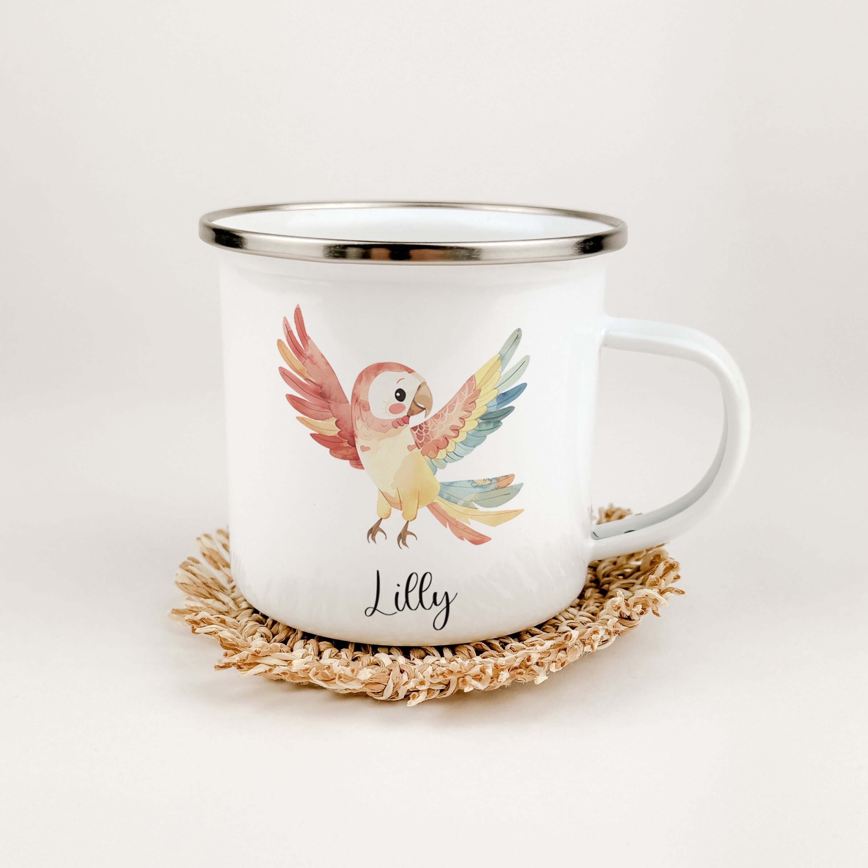Emaille Tasse Papagei-famprints-Emaille Tasse-Entdecke die zauberhafte Emaille Tasse Papagei, die nicht nur praktisch ist, sondern auch ein echter Hingucker! Diese Emaille Tasse personalisiert bringt Freude in den Alltag und sorgt für strahlende Augen bei