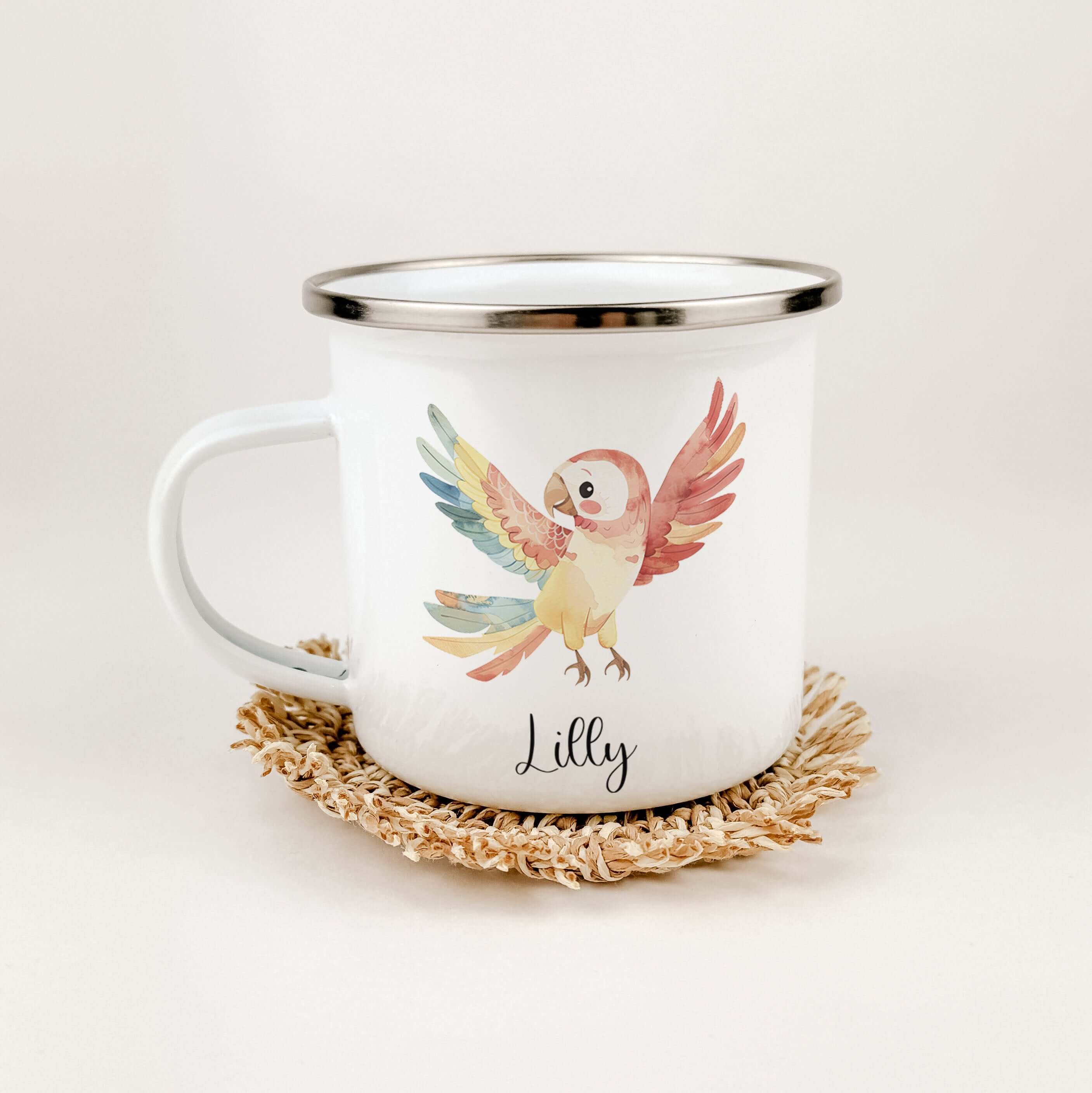 Emaille Tasse Papagei-famprints-Emaille Tasse-Entdecke die zauberhafte Emaille Tasse Papagei, die nicht nur praktisch ist, sondern auch ein echter Hingucker! Diese Emaille Tasse personalisiert bringt Freude in den Alltag und sorgt für strahlende Augen bei
